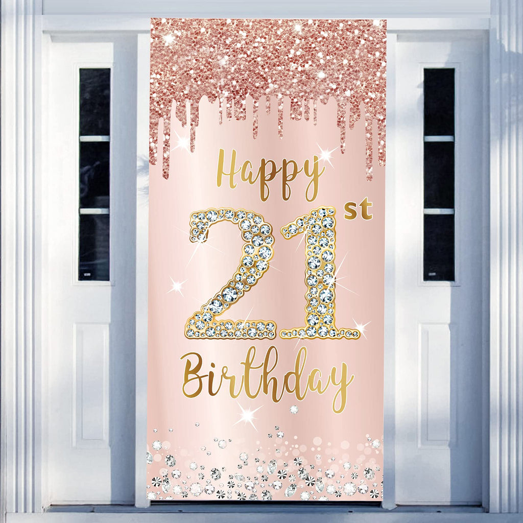 Happy 21st Birthday Door Banner Backdrop Decorations for Women, Pink Rose Gold 21 Birthday Party Door Cover Sign Supplies, 21 Ye