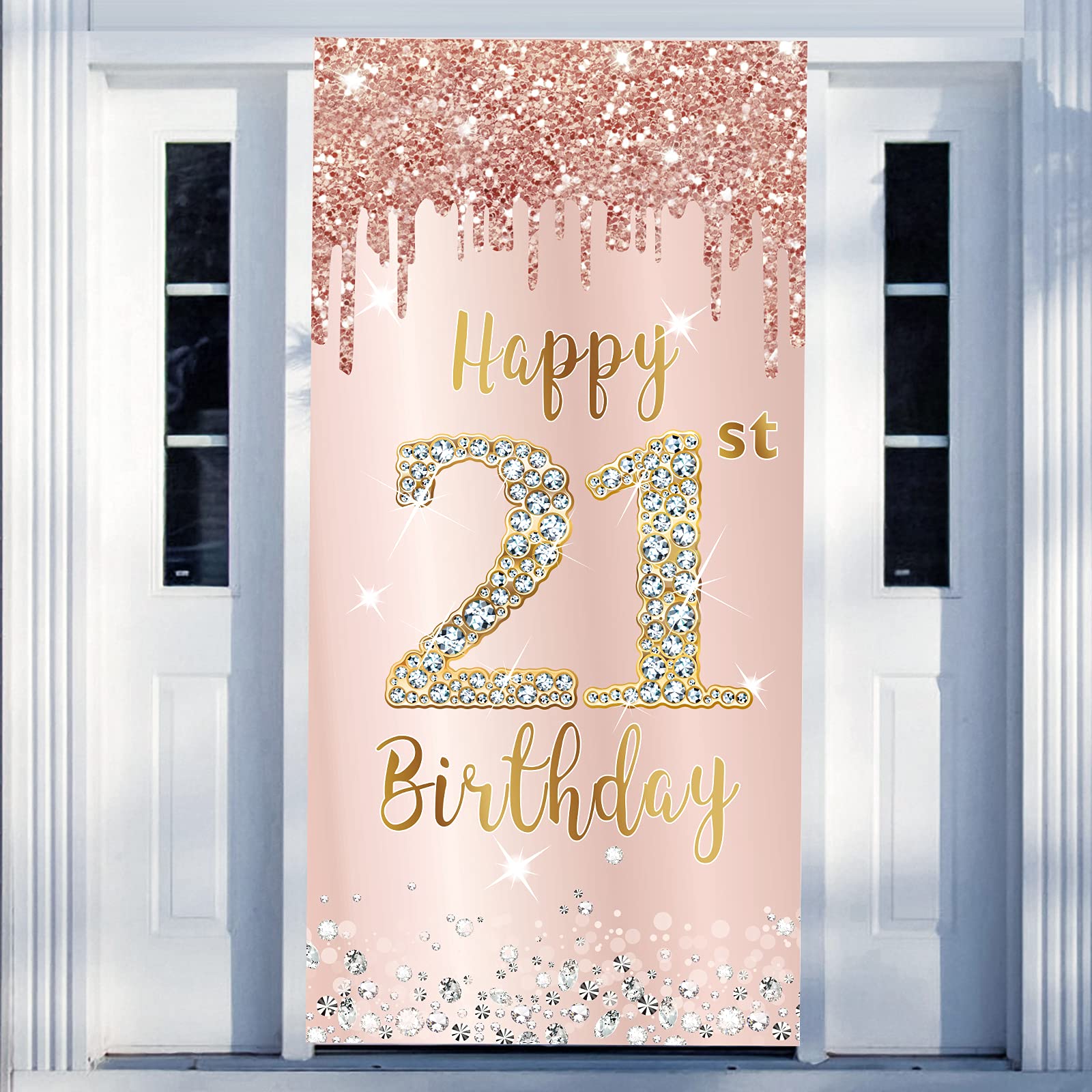 Happy 21st Birthday Door Banner Backdrop Decorations for Women, Pink Rose Gold 21 Birthday Party Door Cover Sign Supplies, 21 Ye