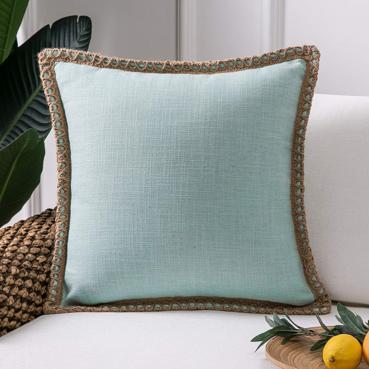 Phantoscope Farmhouse Solid Throw Decorative Pillow Cover Burlap Linen Trimmed Tailored Edges Outdoor Pillow Light Turquoise 18