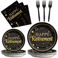 96 Pcs Retirement Party Plates Napkins Tableware Set Happy Retirement Supplies Black and Golden Disposable Dinnerware Retired Pa