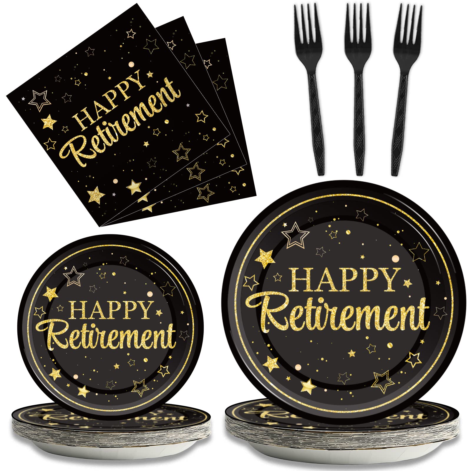 96 Pcs Retirement Party Plates Napkins Tableware Set Happy Retirement Supplies Black and Golden Disposable Dinnerware Retired Pa