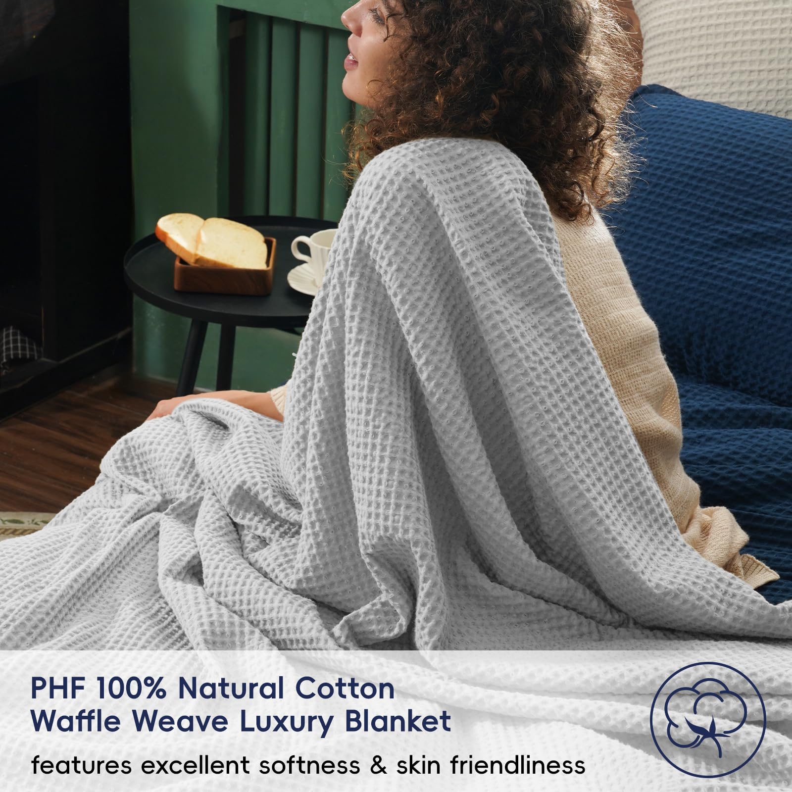 Phf 100% Cotton Waffle Weave Blanket Twin Size 66'X90' -Lightweight Washed Soft Breathable Blanket For All Season-Perfect Blanket Layer For Couch Bed Sofa - Light Grey