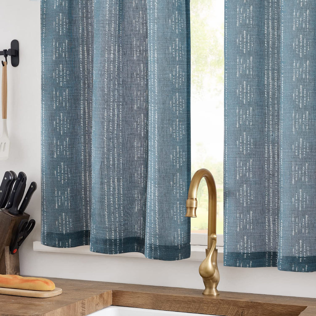 Jinchan Boho Kitchen Curtains Linen Tier Curtains 36 Inch Bohemian Cafe Curtains Geometric Striped Small Window Curtains Light Filtering Farmhouse Country Rustic For Rv Bathroom 2 Panels Blue