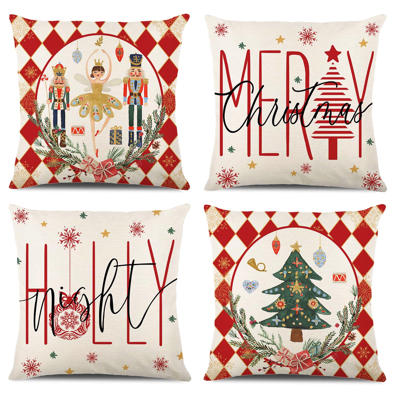 Onfaon Merry Christmas Joy Xmas Trees Red Throw Pillow Covers, 18 X 18 Inch Christmas Winter Holiday Cushion Case Decoration For