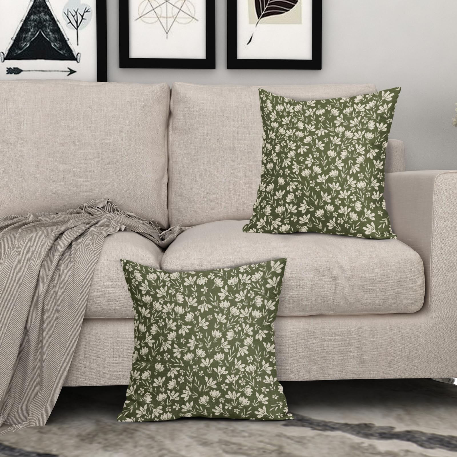 Aytipun Olive Green Pillow Covers 20X20 Set Of 2 Vintage Floral Rustic Old Style Cute Flower Print Decorative Outdoor Pillowcase
