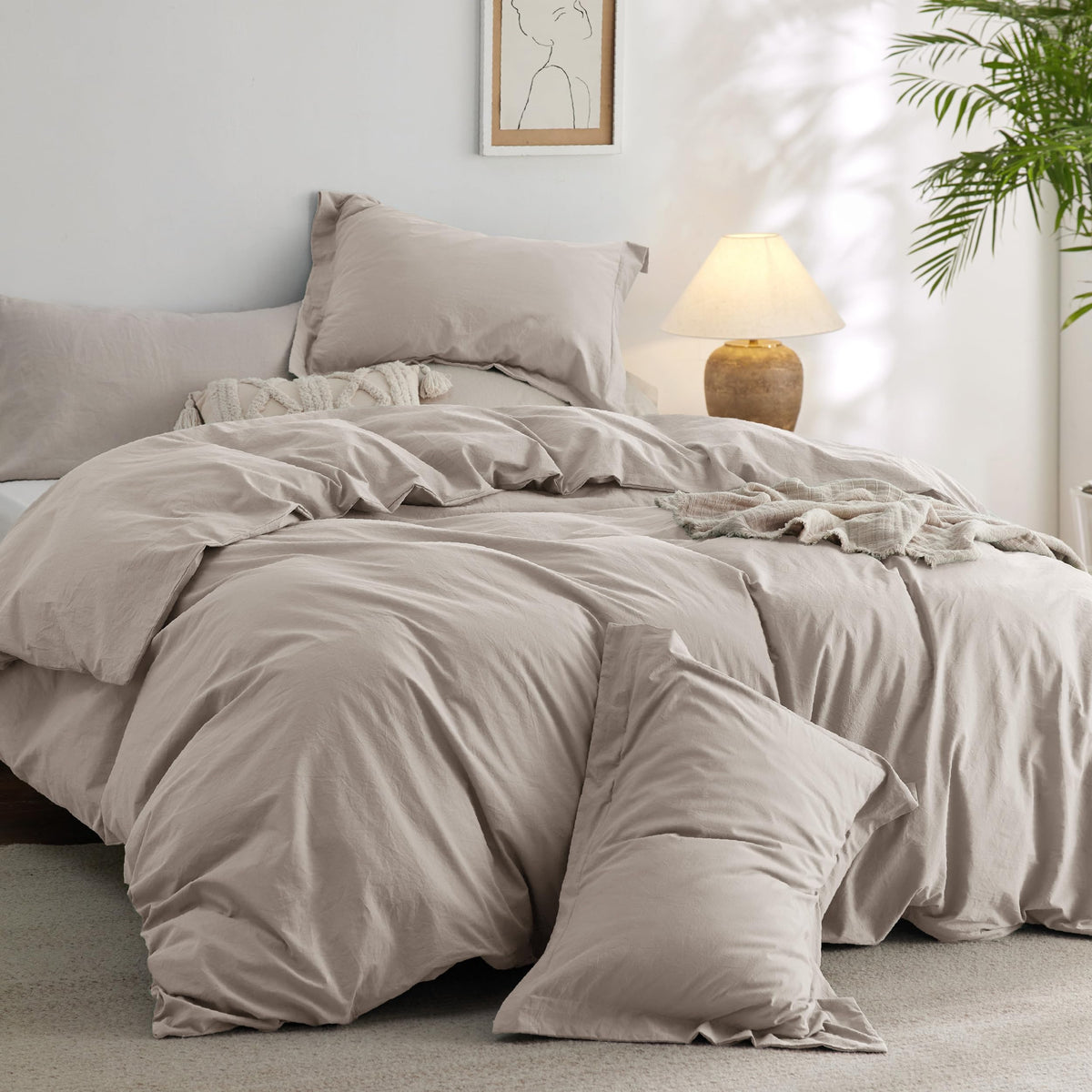 Bedsure 100% Washed Cotton Duvet Cover Cal King - Linen Grey Minimalist Duvet Cover Linen Like - 3 Pieces Plain Simple Bedding S