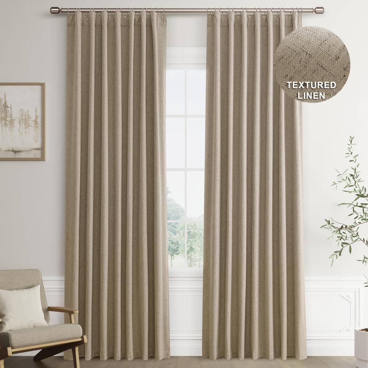 Joywell Khaki Linen 100% Blackout Curtains 84 Inch Long, Rod Pocket/Back Tab/Hook Belt/Clip Rings,Thermal Insulated Drapes For Bedroom Living Room With Hooks,2 Panels,52 X 84