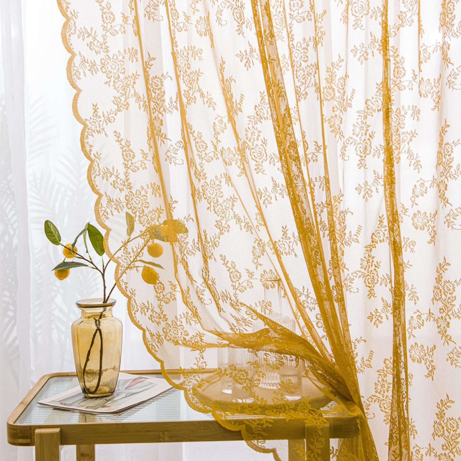 Deeprove Gold Lace Sheer Curtains 72 Inches Length 2 Panels Set, Florals Embroidery Privacy Window Treatment Pair Decor Drapes F