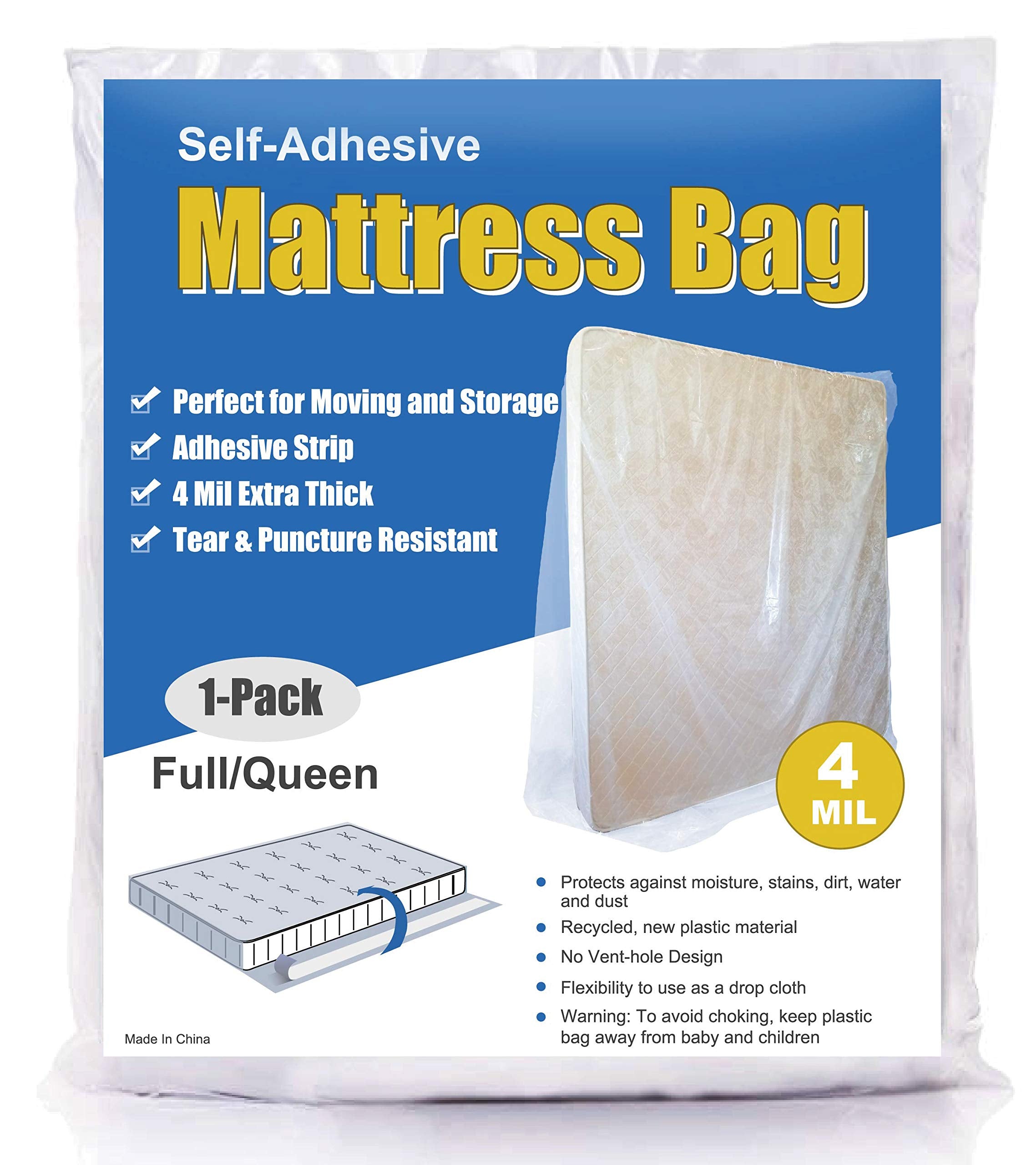 Comforthome 4 Mil Extra Thick Sealable Mattress Bag With Adhesive Strip For Moving And Storage, Heavy Duty, Fits Twin Full And Q