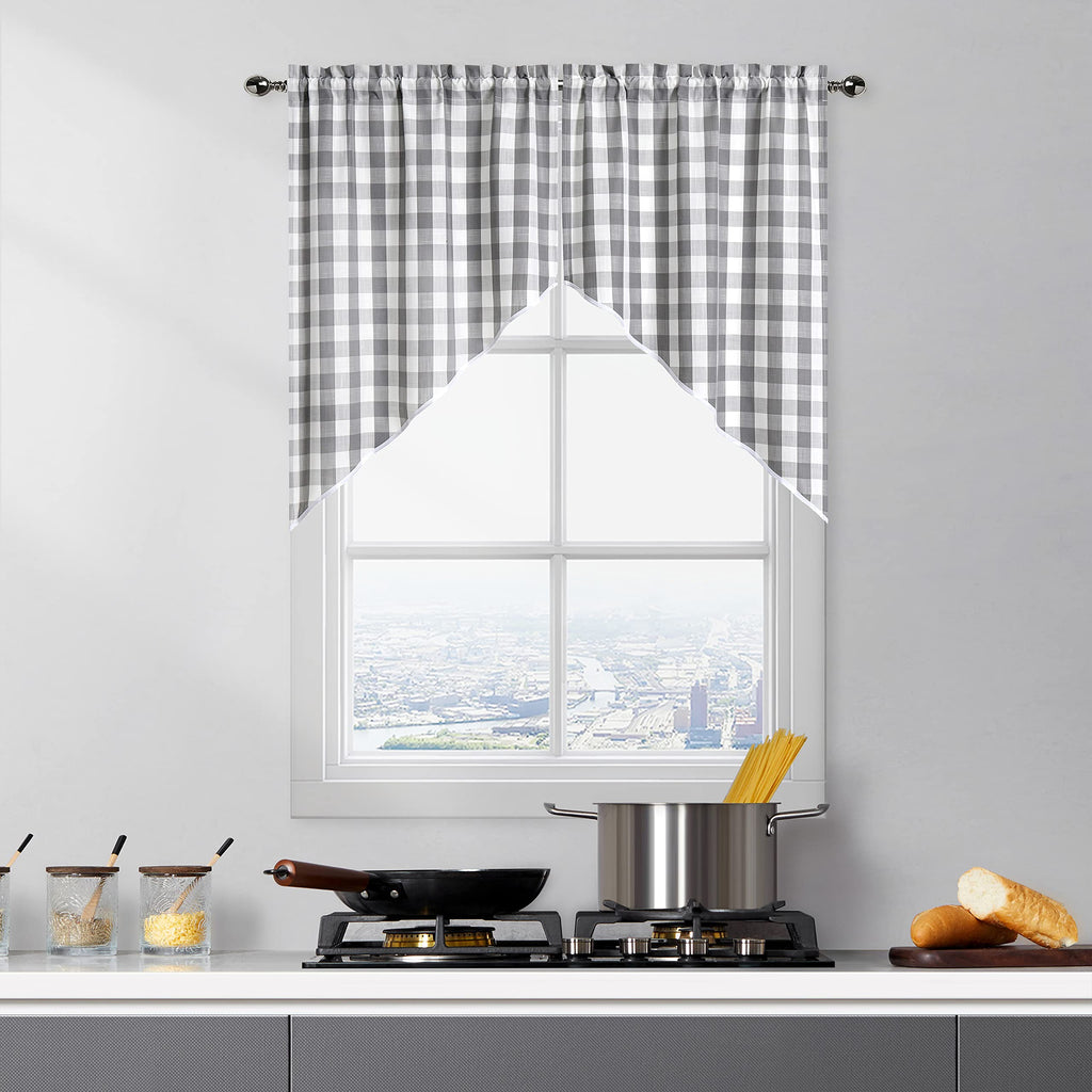 Grey Buffalo Plaid Cafe Curtains Farmhouse Swag Kitchen Curtain Valance 36 Inches Long, Gingham Check Rod Pocket Half Window Sho