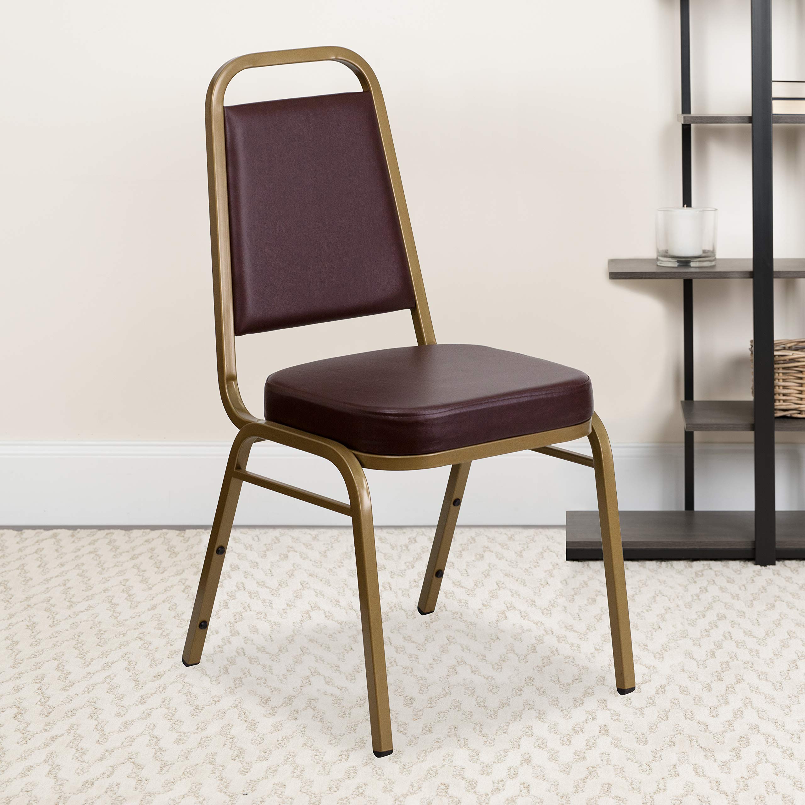 Flash Furniture HERCULES Series Trapezoidal Back Stacking Banquet Chair in Brown Vinyl - Gold Frame