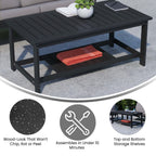 Flash Furniture Charlestown Two Tiered Commercial Grade Adirondack Coffee Table - Black Finish Poly Resin Wood - All-Weather - Slatted Shelf Design