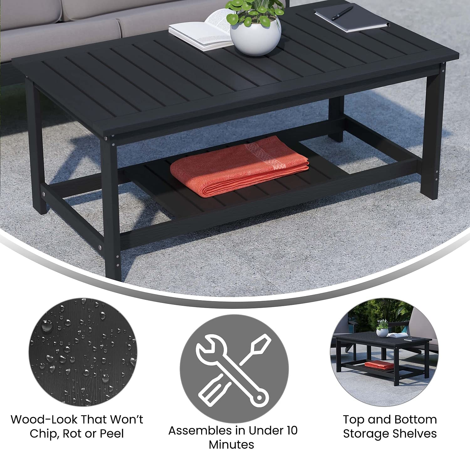 Flash Furniture Charlestown Two Tiered Commercial Grade Adirondack Coffee Table - Black Finish Poly Resin Wood - All-Weather - Slatted Shelf Design