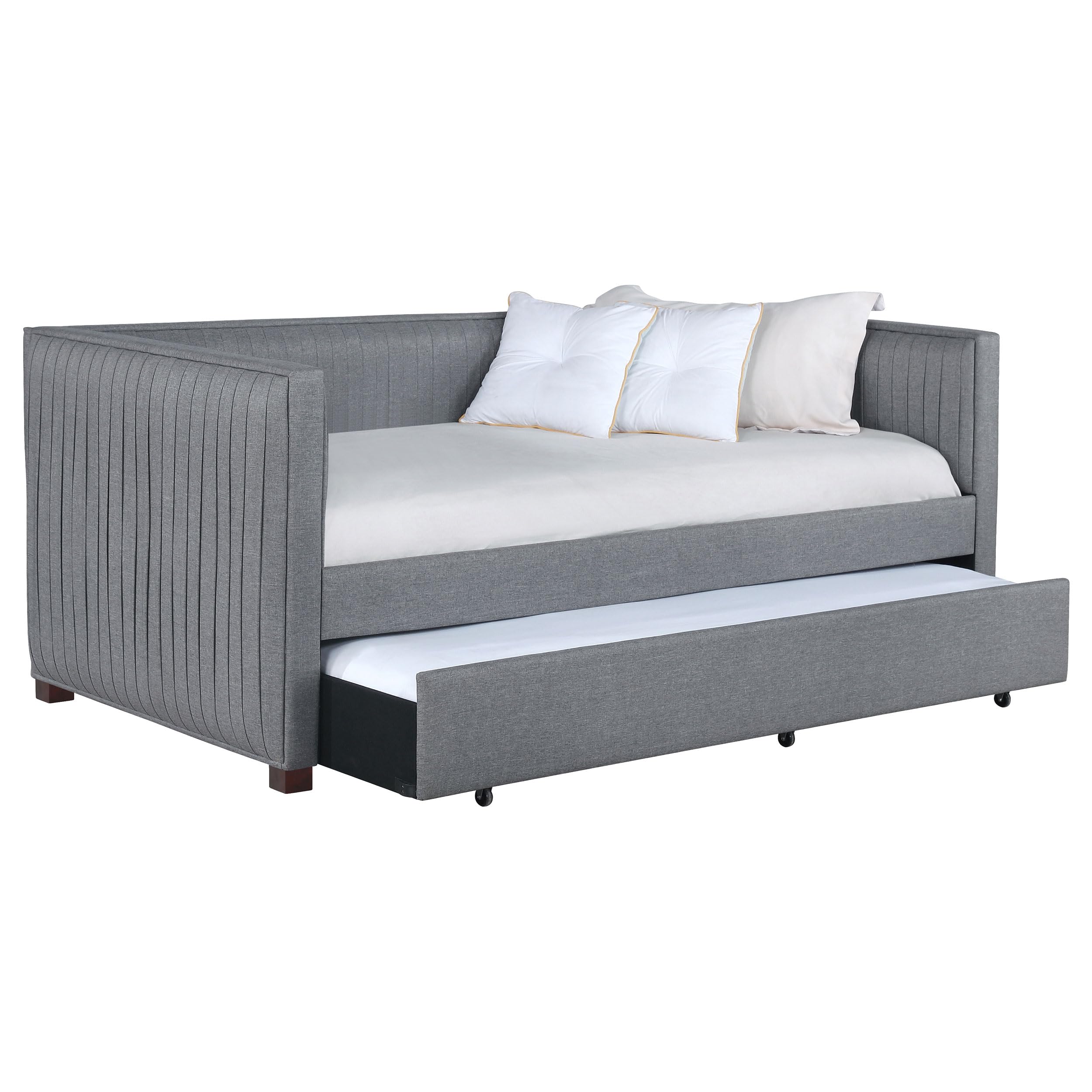 Coaster Home Furnishings Brodie Modern Classic Fabric Upholstered Twin Size Pleated Daybed with Trundle Bed for Guestroom 35-inch Headboard Bedroom Lounger Grey 300554