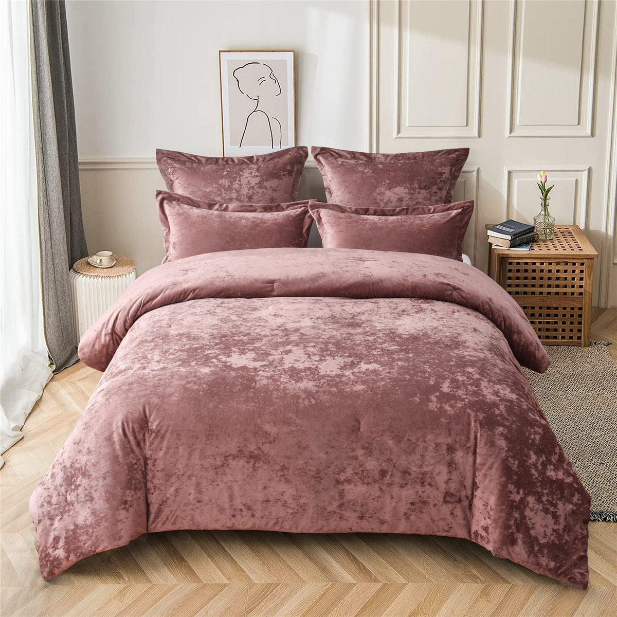 Fredsure Distressed Velvet Comforter Set, 5 Pieces Dusty Mauve Queen, Distressed Velvet Face And Brushed Microfiber Reverse