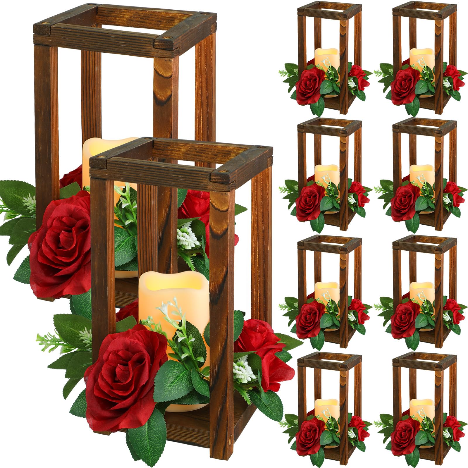 Hushee 30 Pcs Integrated Wedding Lantern Centerpiece Rustic Wooden Candle Holder with Candles and Candle Rings Farmhouse Candle 