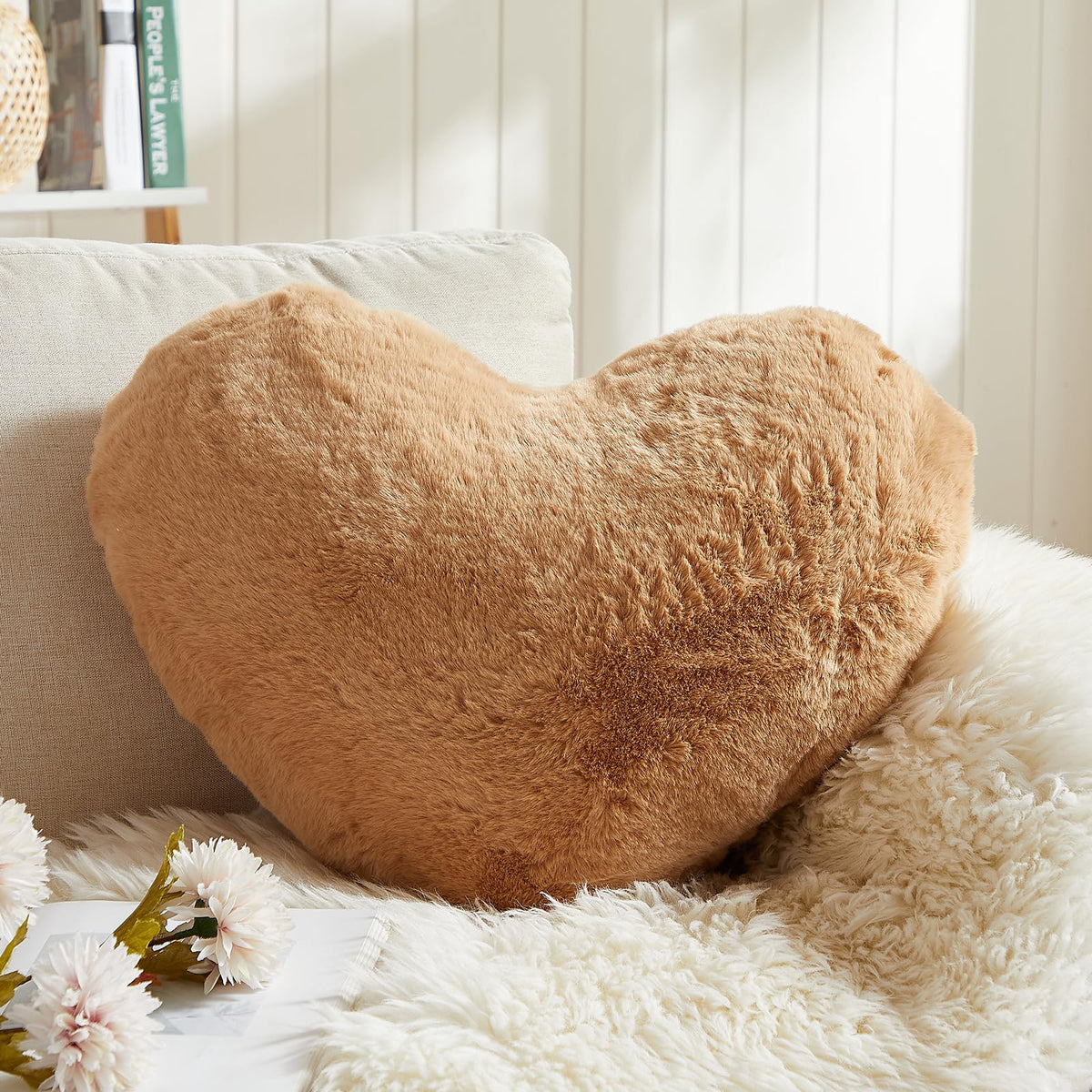 Easttree Heart Pillows, Khaki Heart Shaped Pillows, Love Throw Pillows Gifts, Ultra Faux Rabbit Fur Soft Small Cute Fluffy Pillo