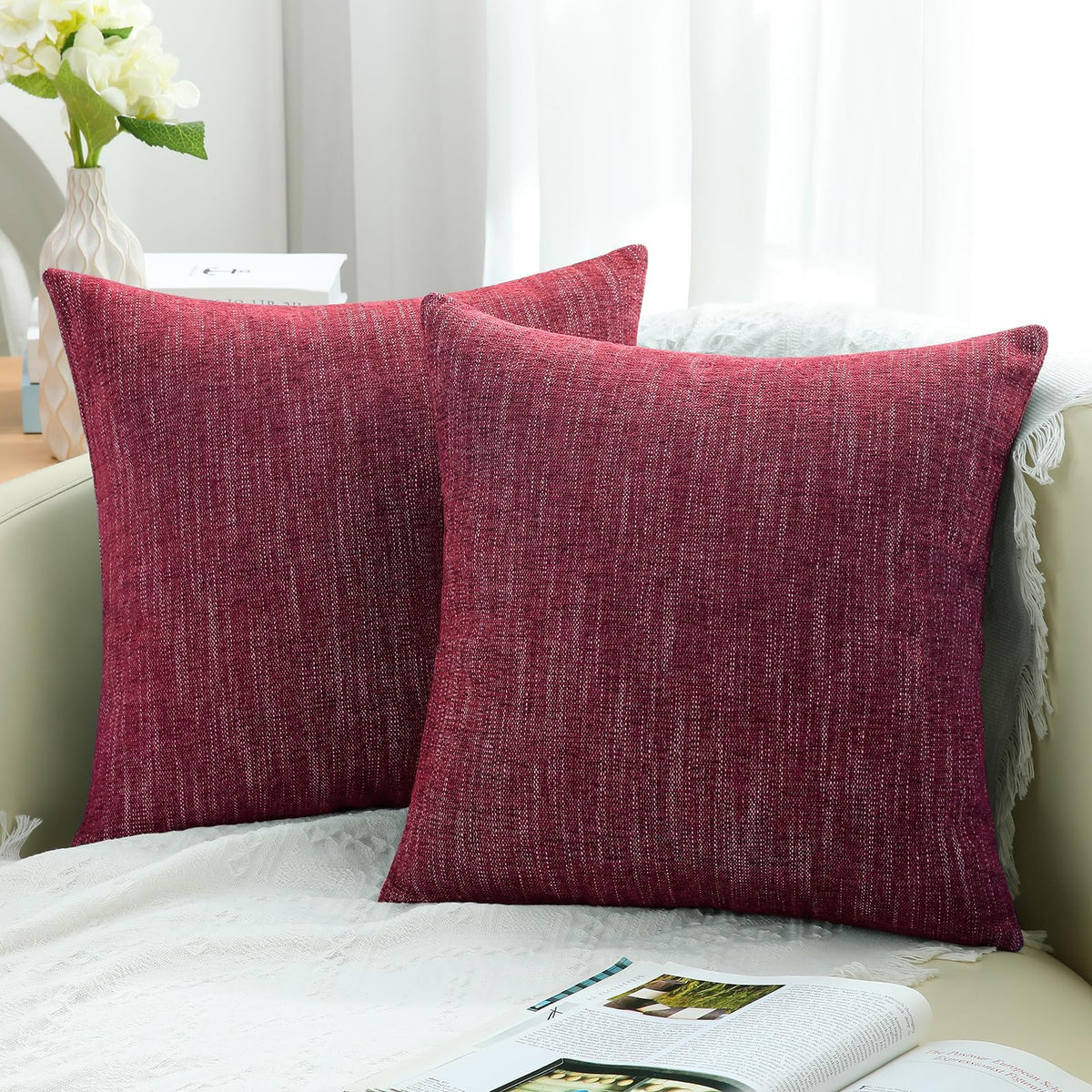 Decoruhome Chenille Decorative Throw Pillow Covers 18X18 Set Of 2, Farmhouse Textured Square Pillow Covers For Couch Sofa Bed Li