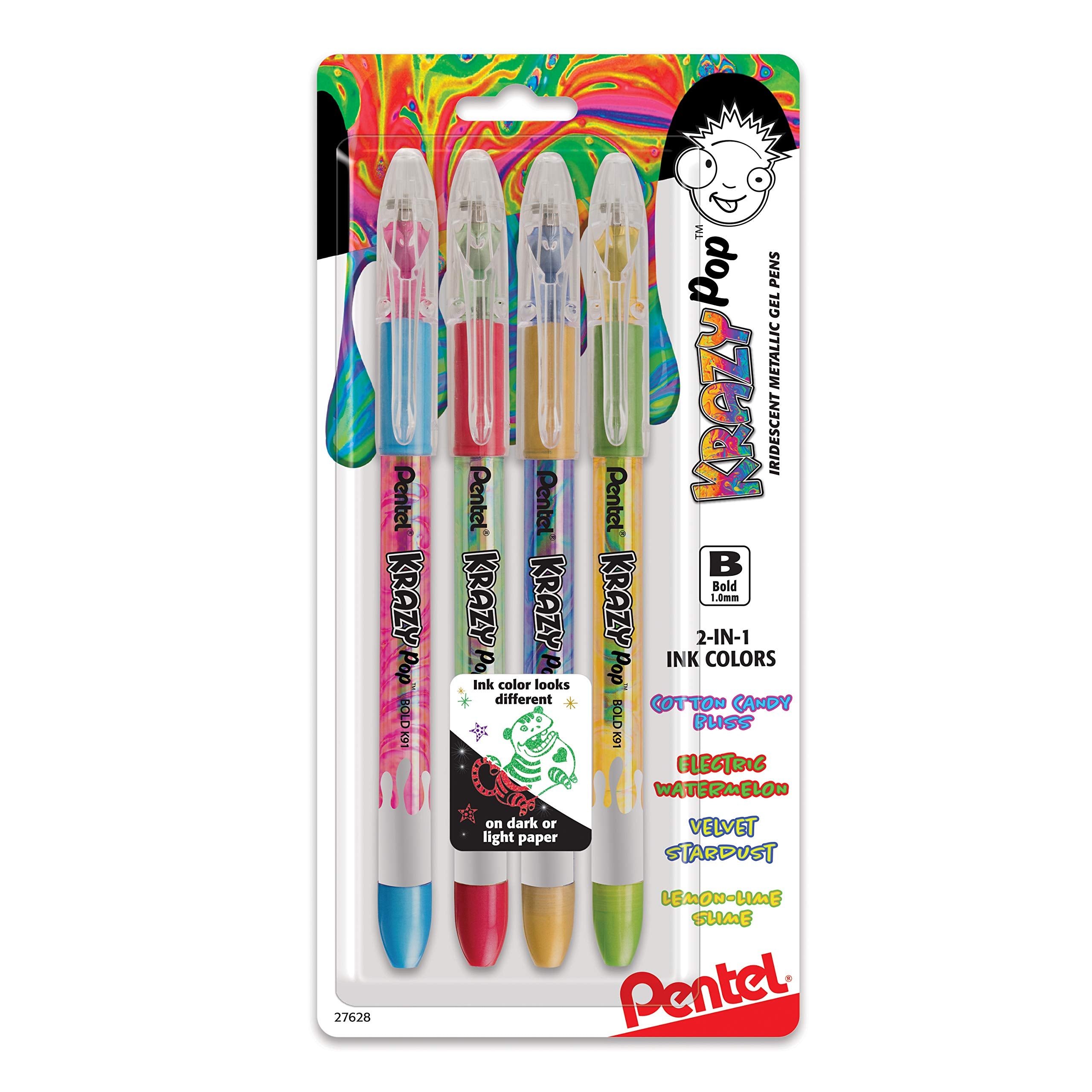 Pentel Krazy Pop Iridescent, (1.0Mm) Bold Line, Assorted Ink (Xc/Bd/Cp/Dg), 4-Pk (K91Bp4M3) Gel Pen, 4 Count (Pack Of 1), 4 Per
