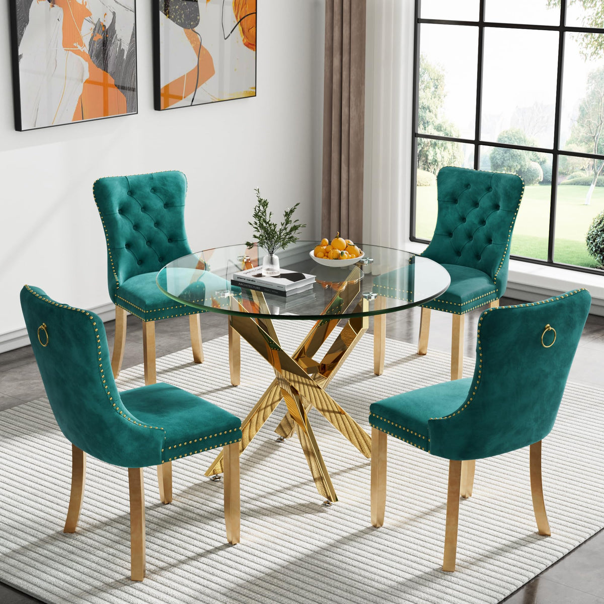 Kuvadaz 36' Modern Gold Glass Dining Room Table Set For 4, 5-Piece Round Kitchen Dining Table Set With Cross Metal Legs And 4 G