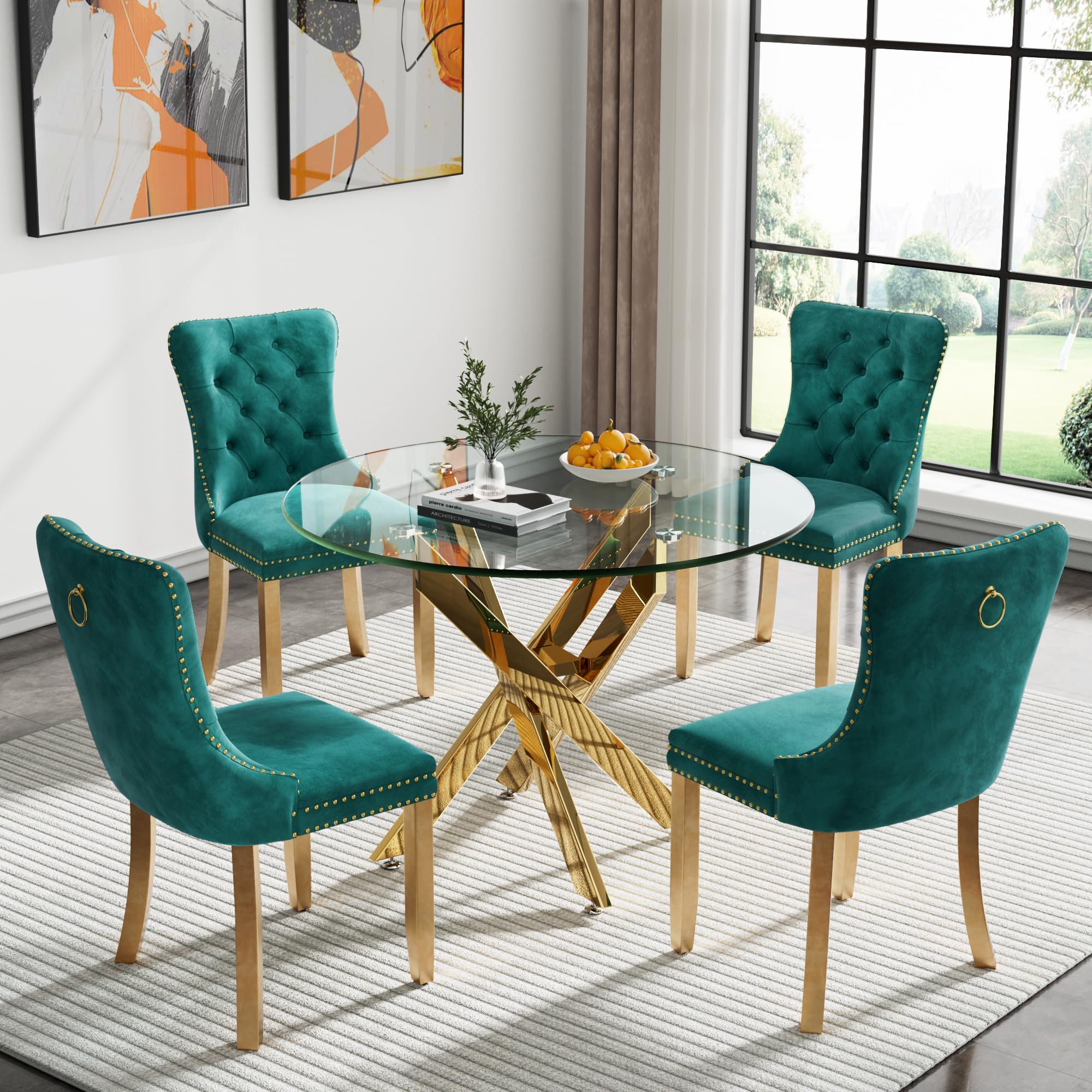 Kuvadaz 36' Modern Gold Glass Dining Room Table Set For 4, 5-Piece Round Kitchen Dining Table Set With Cross Metal Legs And 4 G