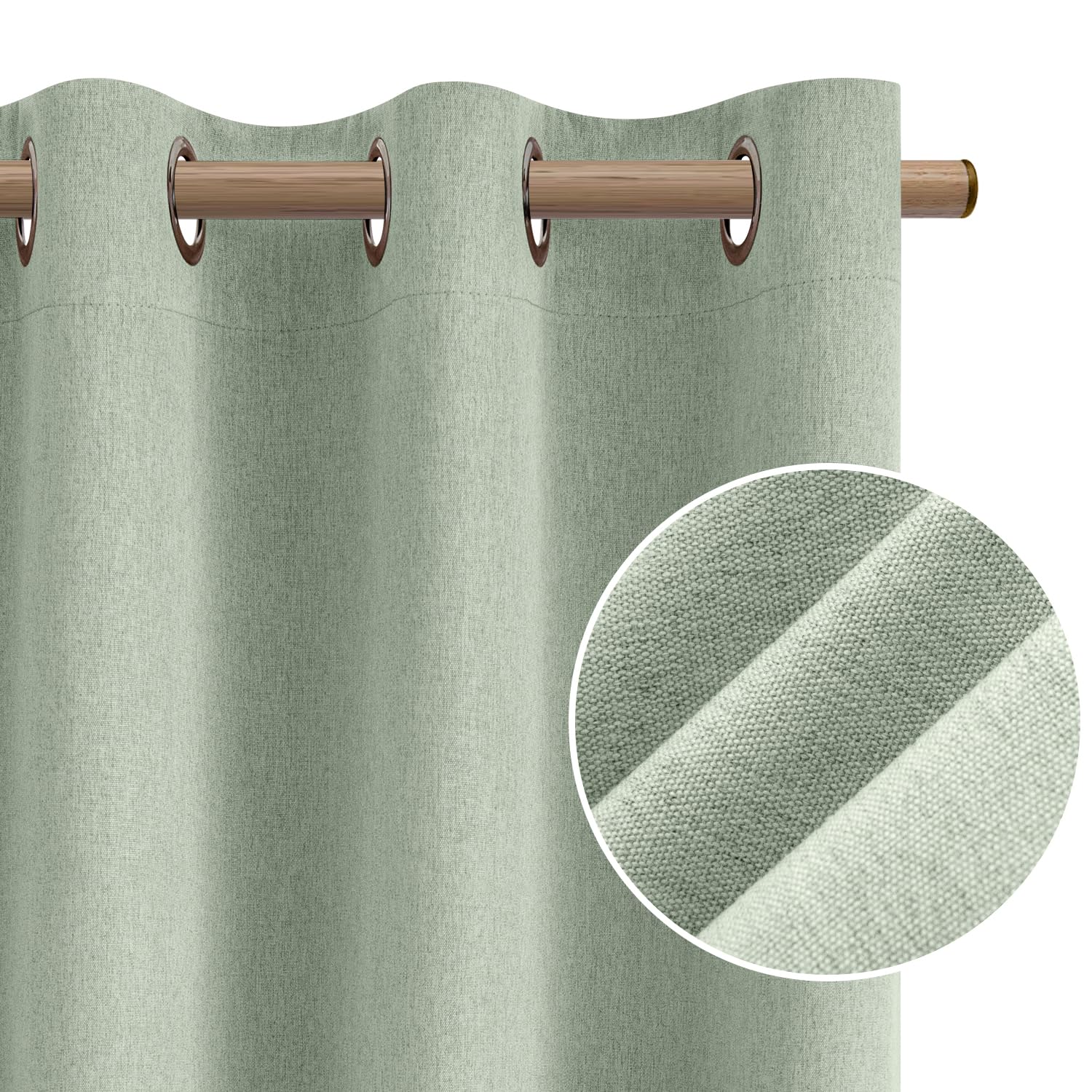 Homeideas Sage Green 100% Blackout Curtains, 2 Panels Faux Linen Curtains Room Darkening Curtains 52 X 84 Inches Thermal Insulat