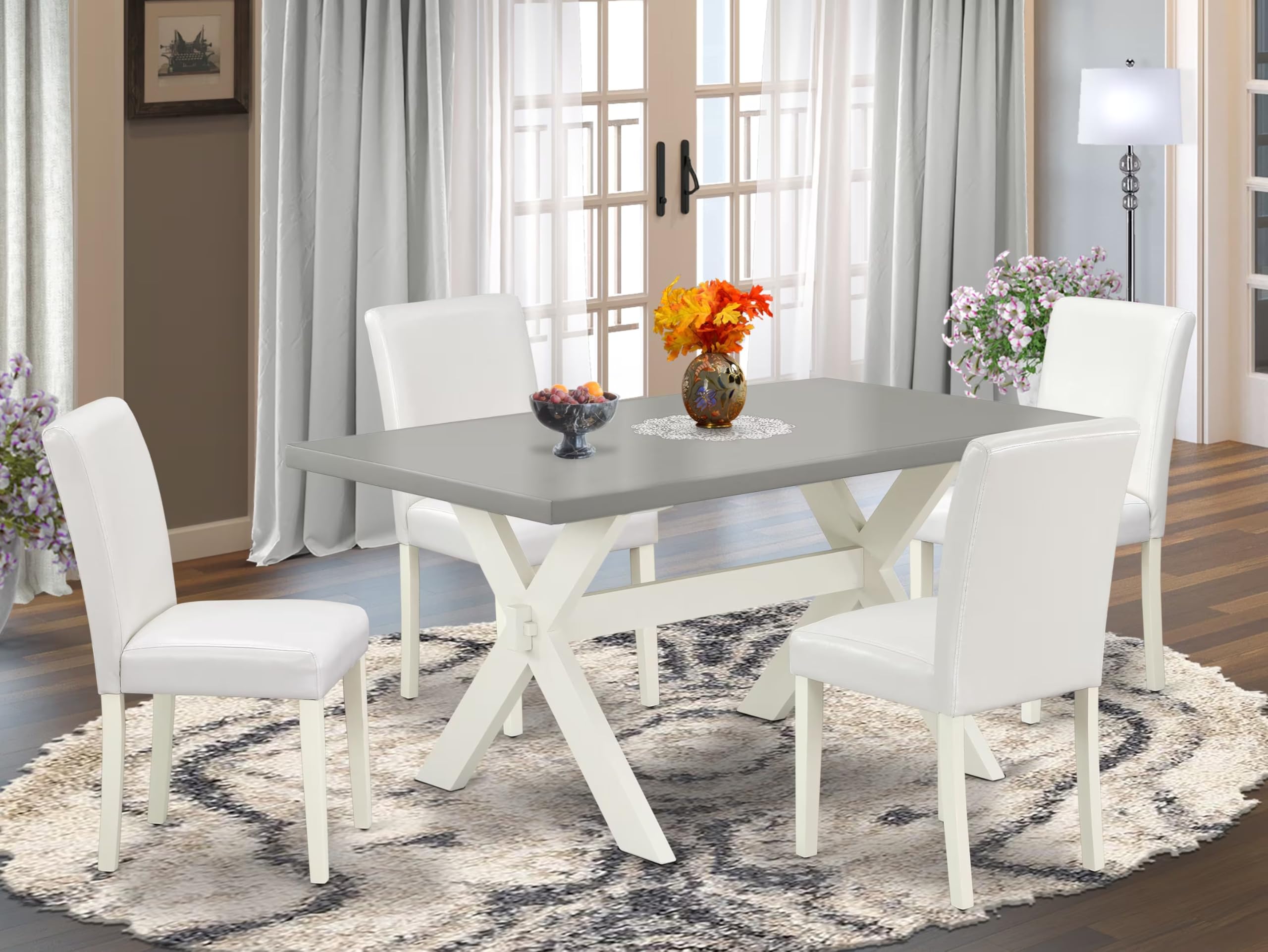 East West Furniture X096Ab264-5 5 Piece Modern Dining Table Set Includes A Rectangle Wooden Table With X-Legs And 4 White Faux Leather Parsons Dining Chairs, 36X60 Inch, Multi-Color