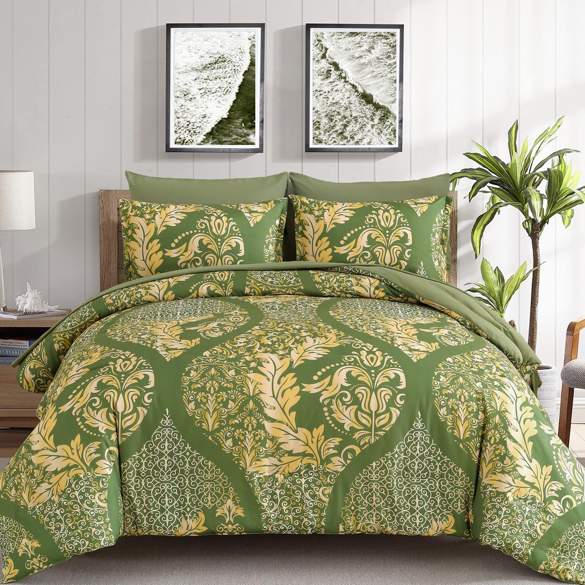 Anibedding Green Comforter Set Queen Size, 7 Pieces Bohemian Damask Comforter Set Soft Lightweight Microfiber Bedding Set For Al