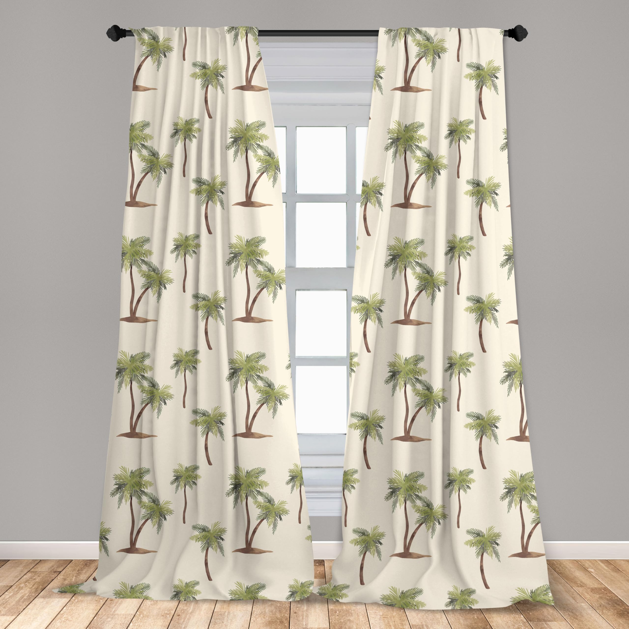 Ambesonne Hawaii Window Curtains Pack Of 2, Repetitive Jungle Trees Pattern Hand Drawn Pastel Tropical Palms, Lightweight Set Wi