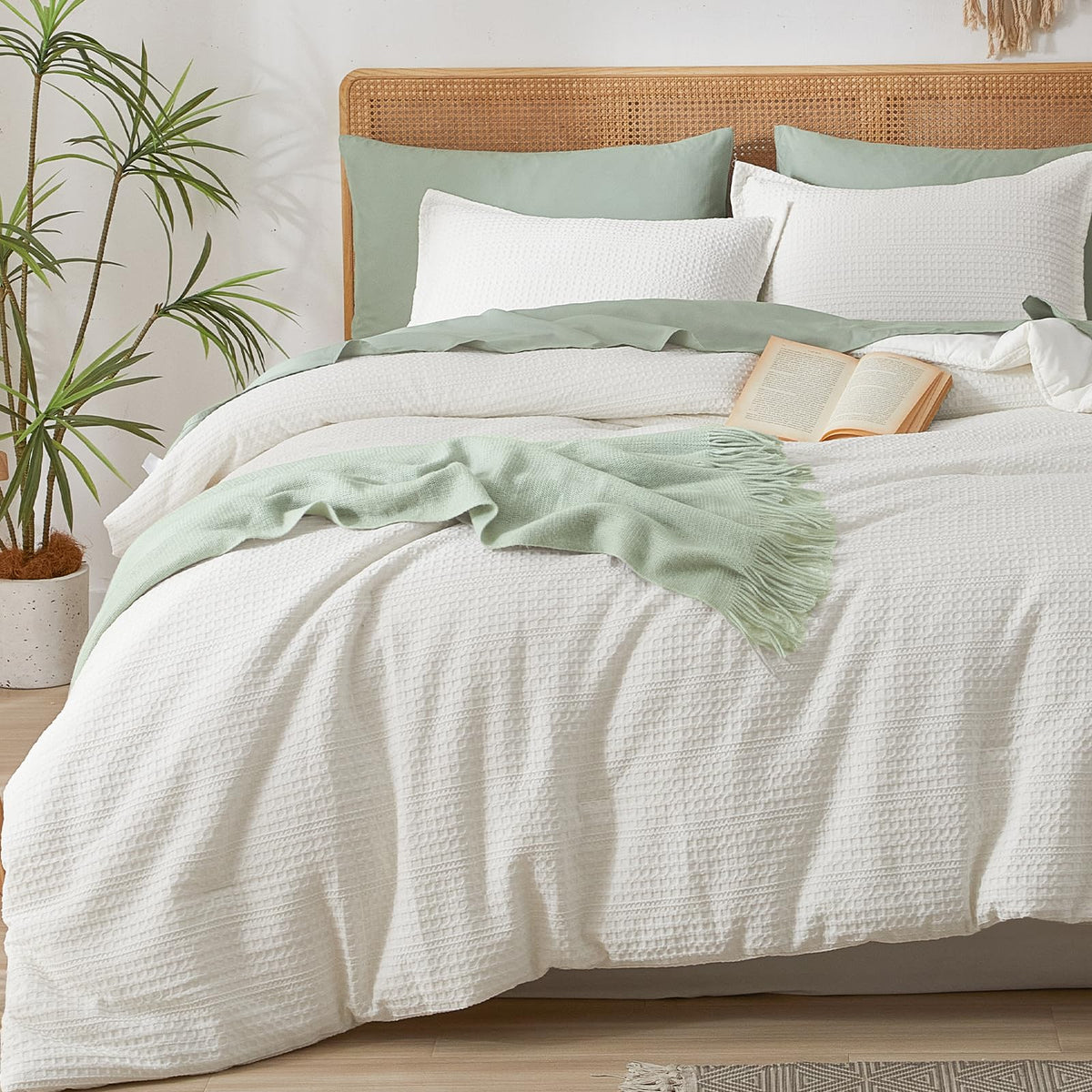Phf 3 Pieces Cream Waffle Weave Comforter Set Queen Size - Ultra Soft Textured Waffle Comforter With 2 Pillow Shams, Lightweight