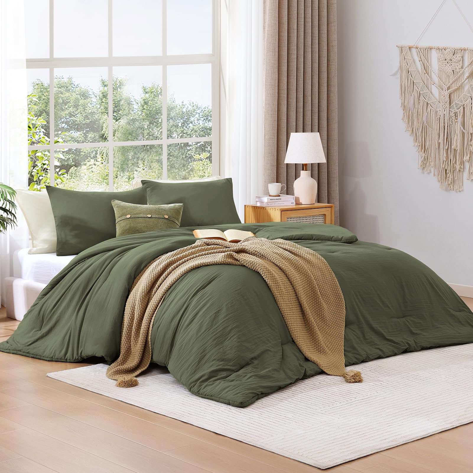 Wrensonge Olive Green Comforter Full Size, 3 Piece Soft Microfiber Full Size Comforter Sets(1 Fluffy Full Size Comforter With 2