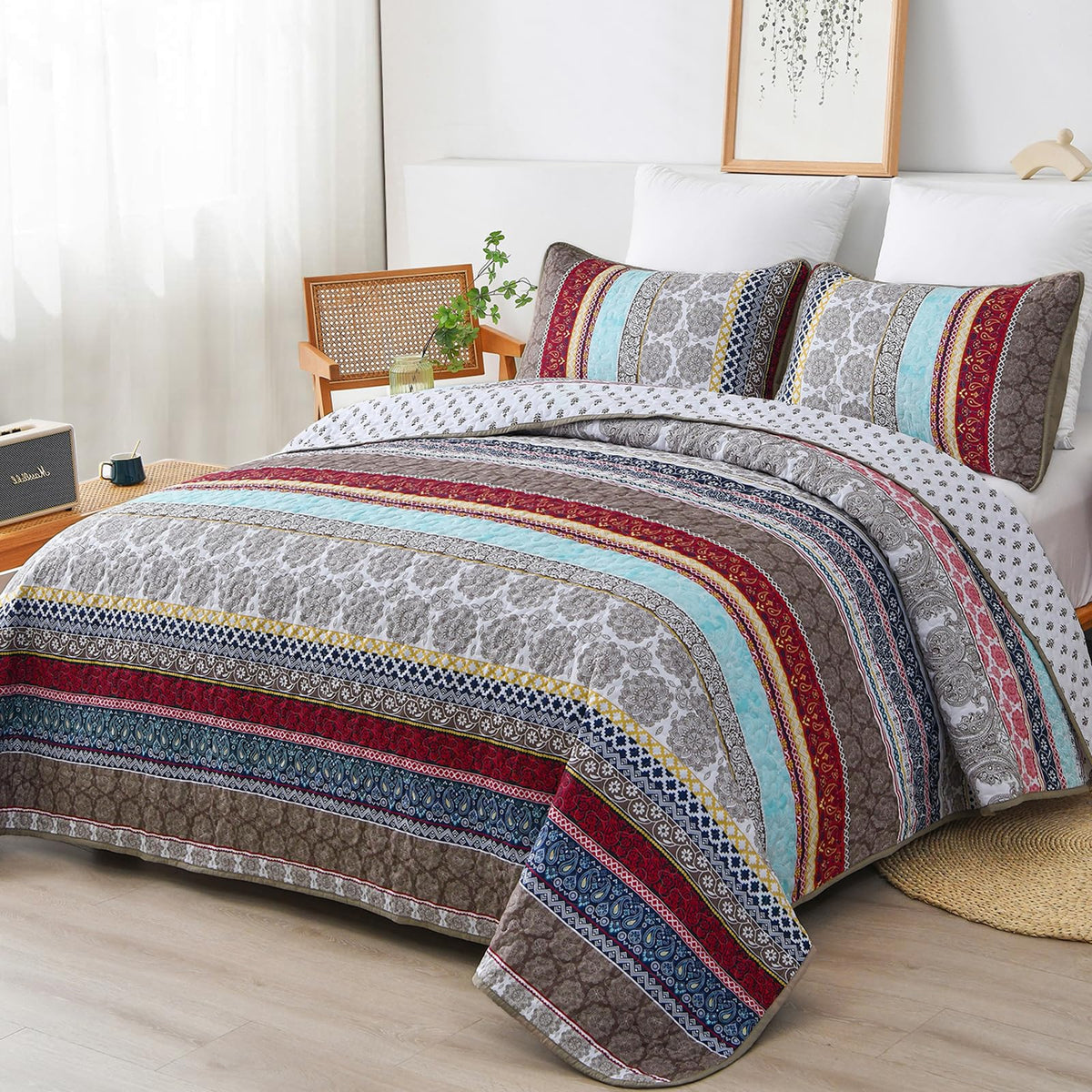 Wongs Bedding Boho Quilt Set Queen Size, Brown Bohemian 3 Pieces Quilt Bedding Sets, Lightweight Microfiber Summer Bedspread Cov