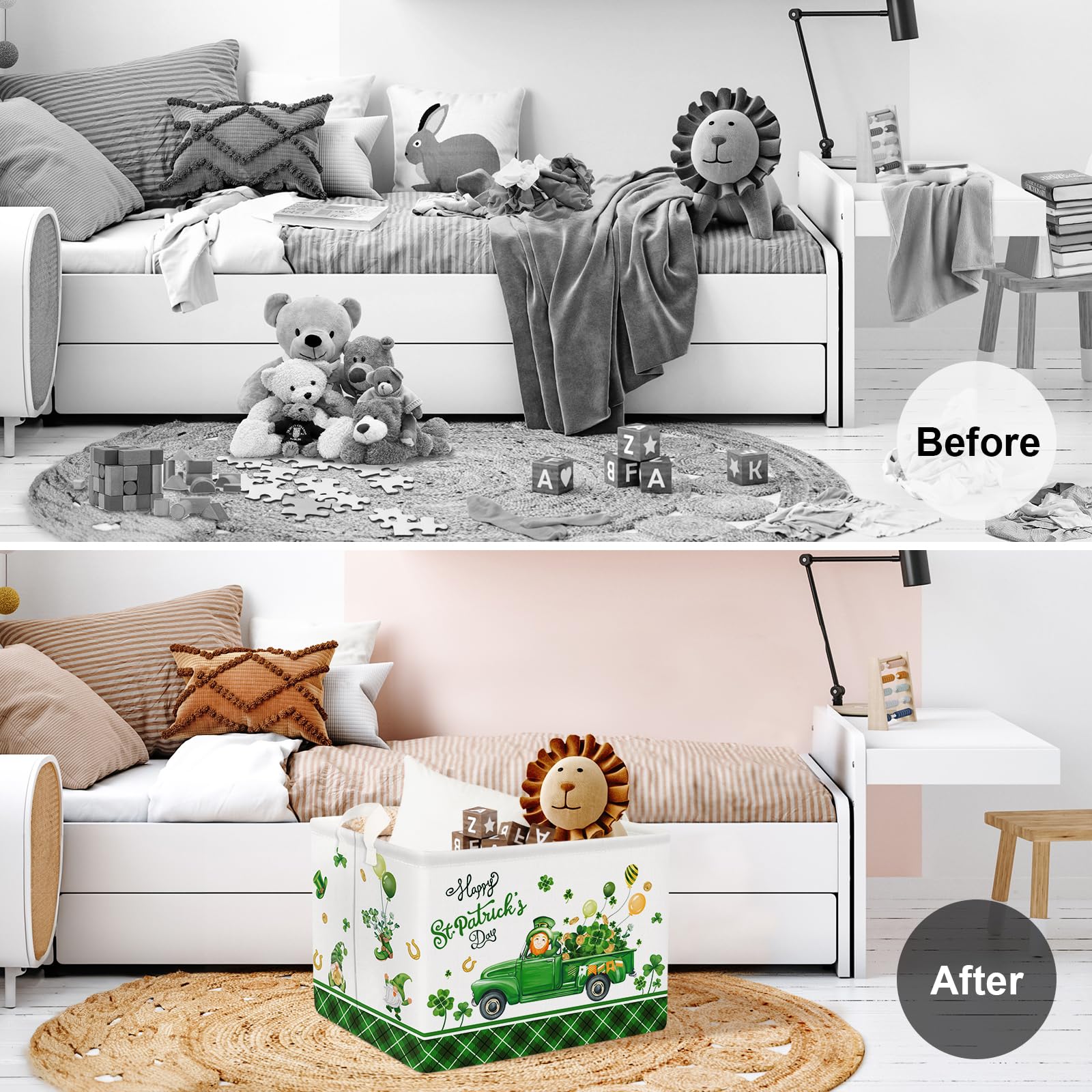 Clastyle St. Patrick'S Day Four-Leaf Clover Gift Basket Green Balloon Gnome Truck Kid Shelf Basket Rectangle Buffalo Plaid Cloth