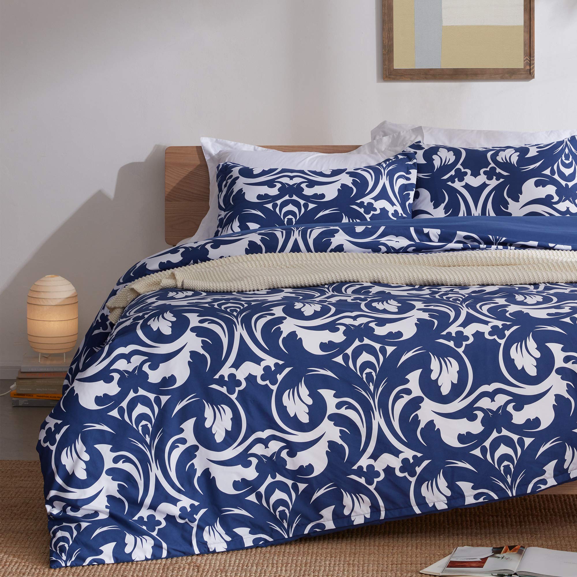 Sleep Zone Bedding Duvet Cover Sets Printed Baroque Floral Pattern 120Gsm Ultra Soft Zipper Closure Corner Ties, Baroque Blue, K