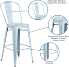 Commercial Grade 30 High Distressed Green-Blue Metal Indoor-Outdoor Barstool with Back