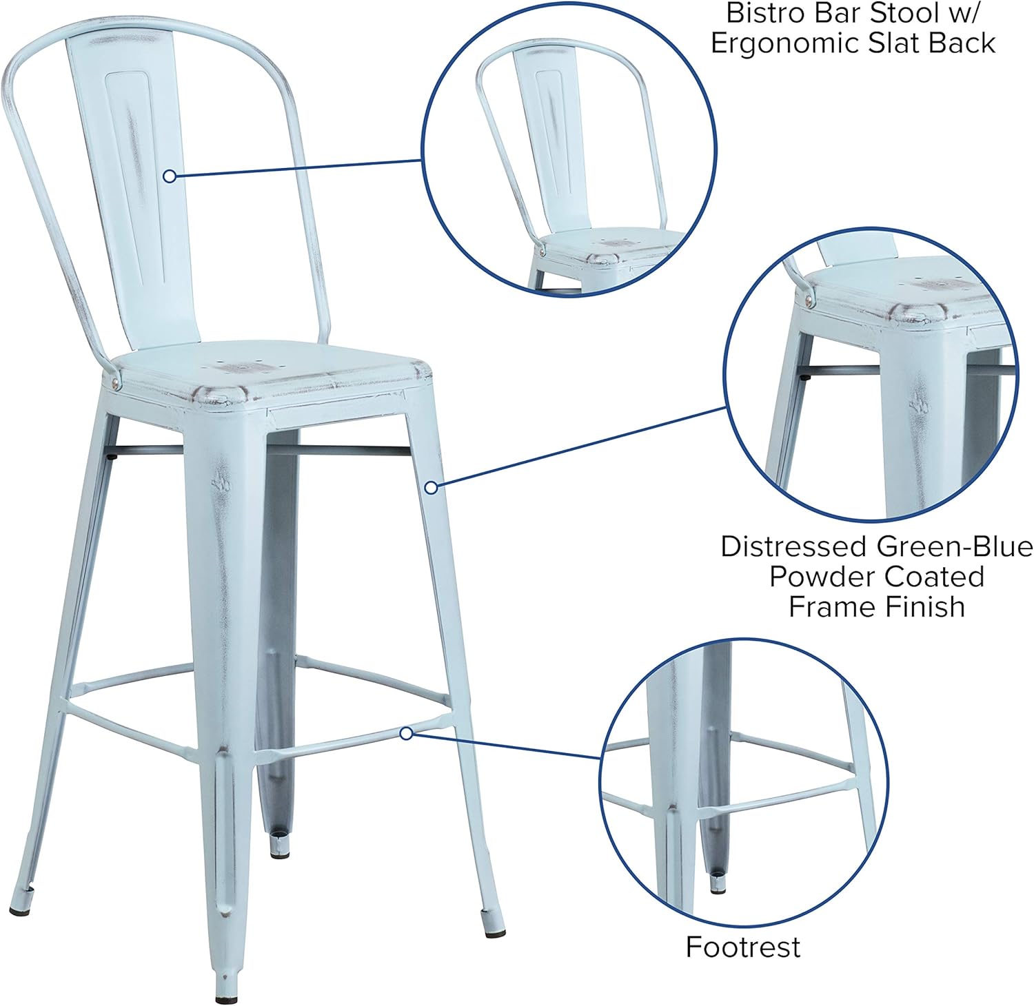 Commercial Grade 30 High Distressed Green-Blue Metal Indoor-Outdoor Barstool with Back