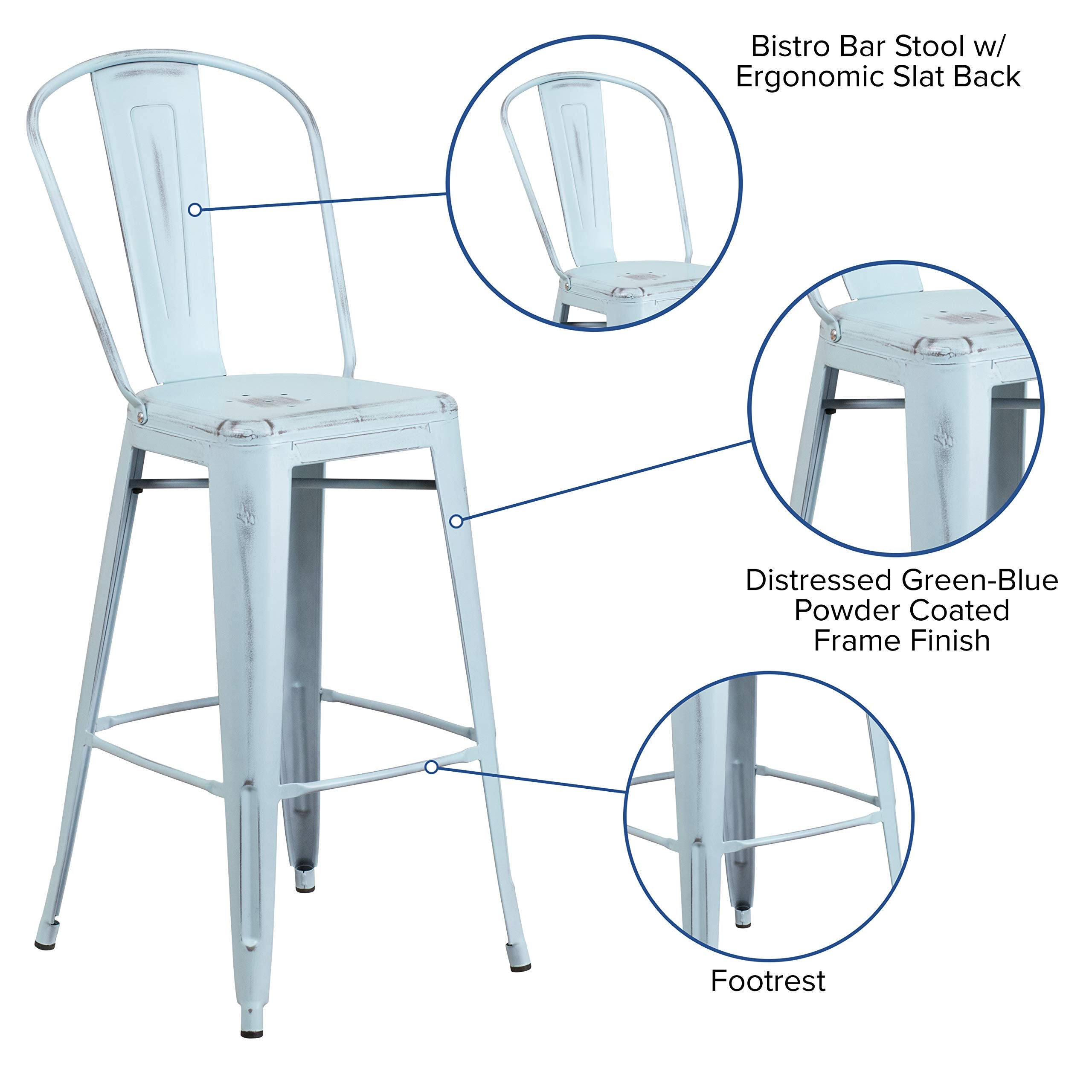 Flash Furniture Commercial Grade 30' High Distressed Green-Blue Metal Indoor-Outdoor Barstool With Back