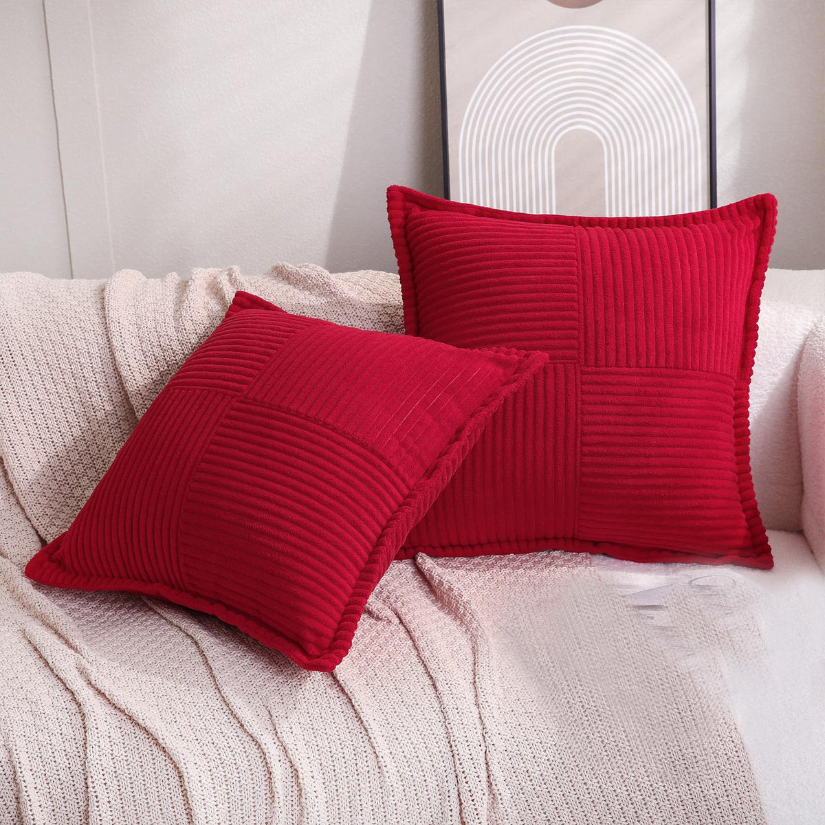 Puncuntex Corduroy Throw Pillow Covers Set Of 2 Boho Decorative Red 24?24 Inch,Super Soft Pillowcase Cozy Striped Texture Cushio