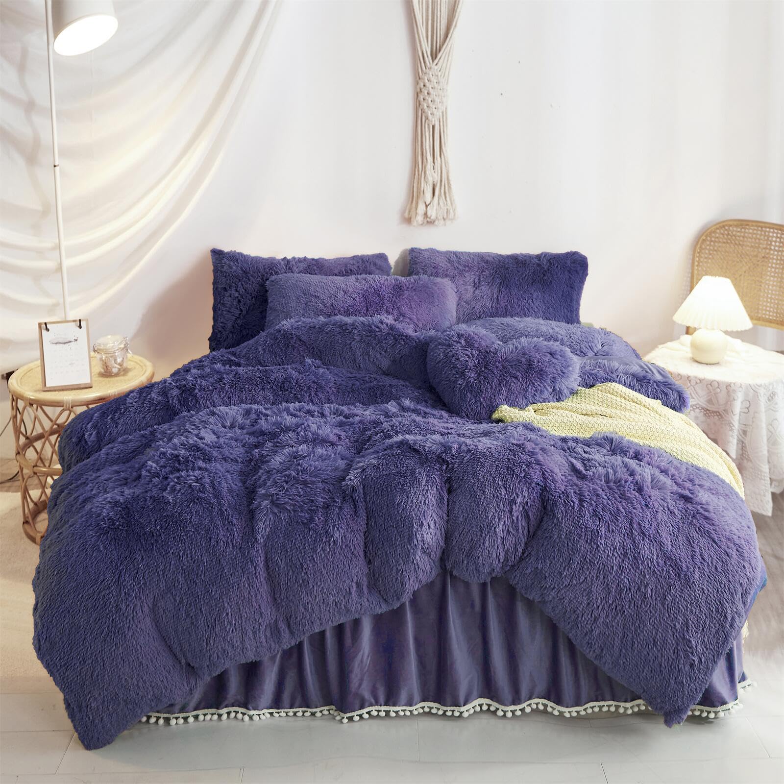 Haihua Navy Blue Fluffy Twin Comforter Cover Set,Faux Fur Navy Blue Girls Bedding 2 Pieces (1 Plush Twin Duvet Cover +1 Faux Fur
