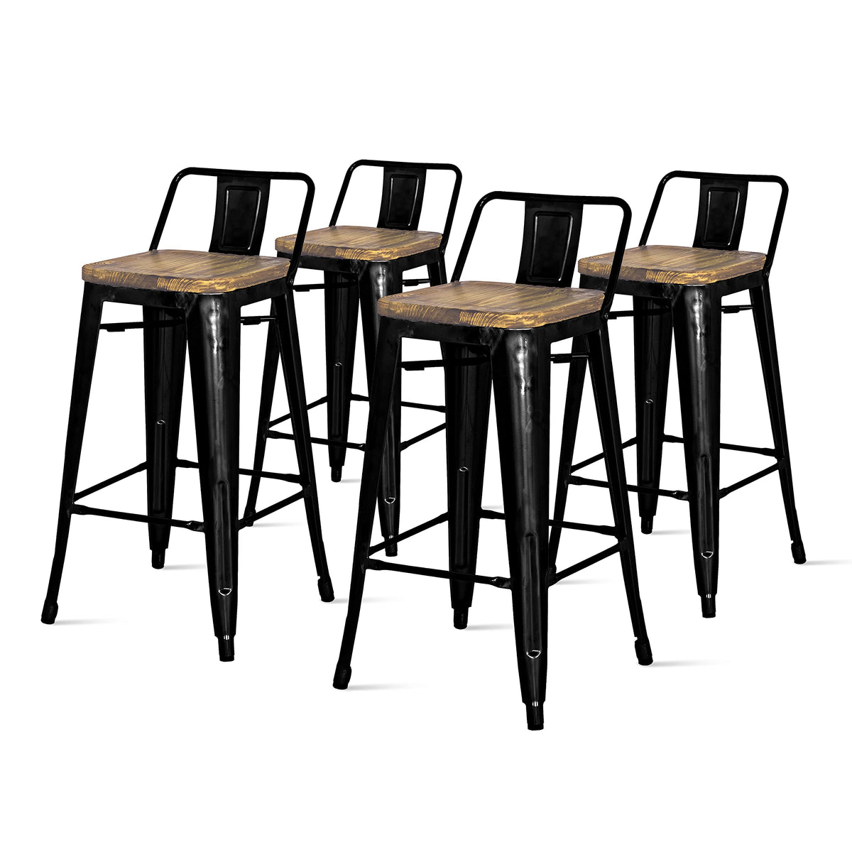 Metropolis Metal Low Back Counter Stool 26&quot; Wood Seat,Indoor/Outdoor Ready,Black,Set Of 4