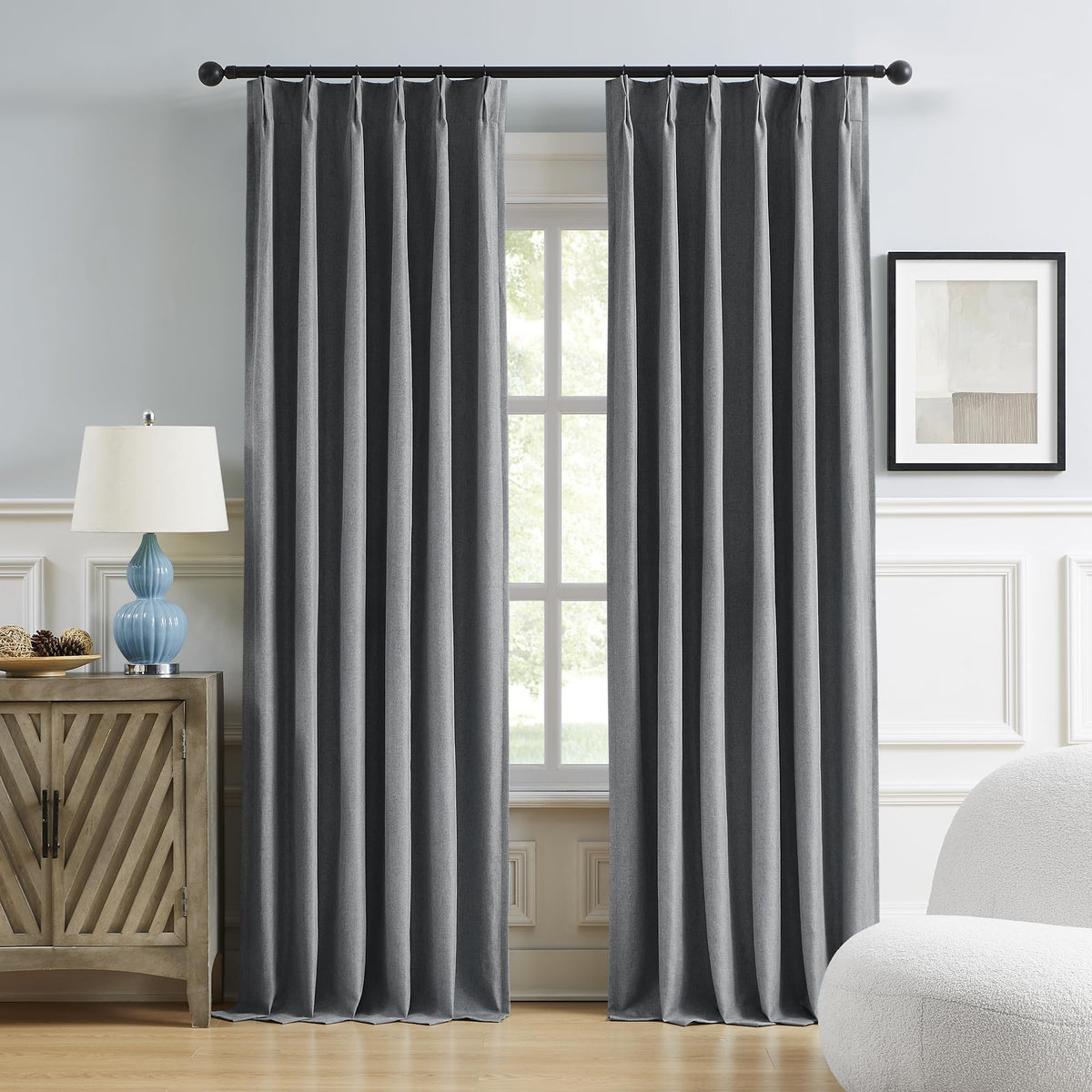 Dualife 90 Inch Pinch Pleated Blackout Curtains Grey Thermal Insulated Back Tab Curtains With Hooks, Room Darkening Pleat Curtai