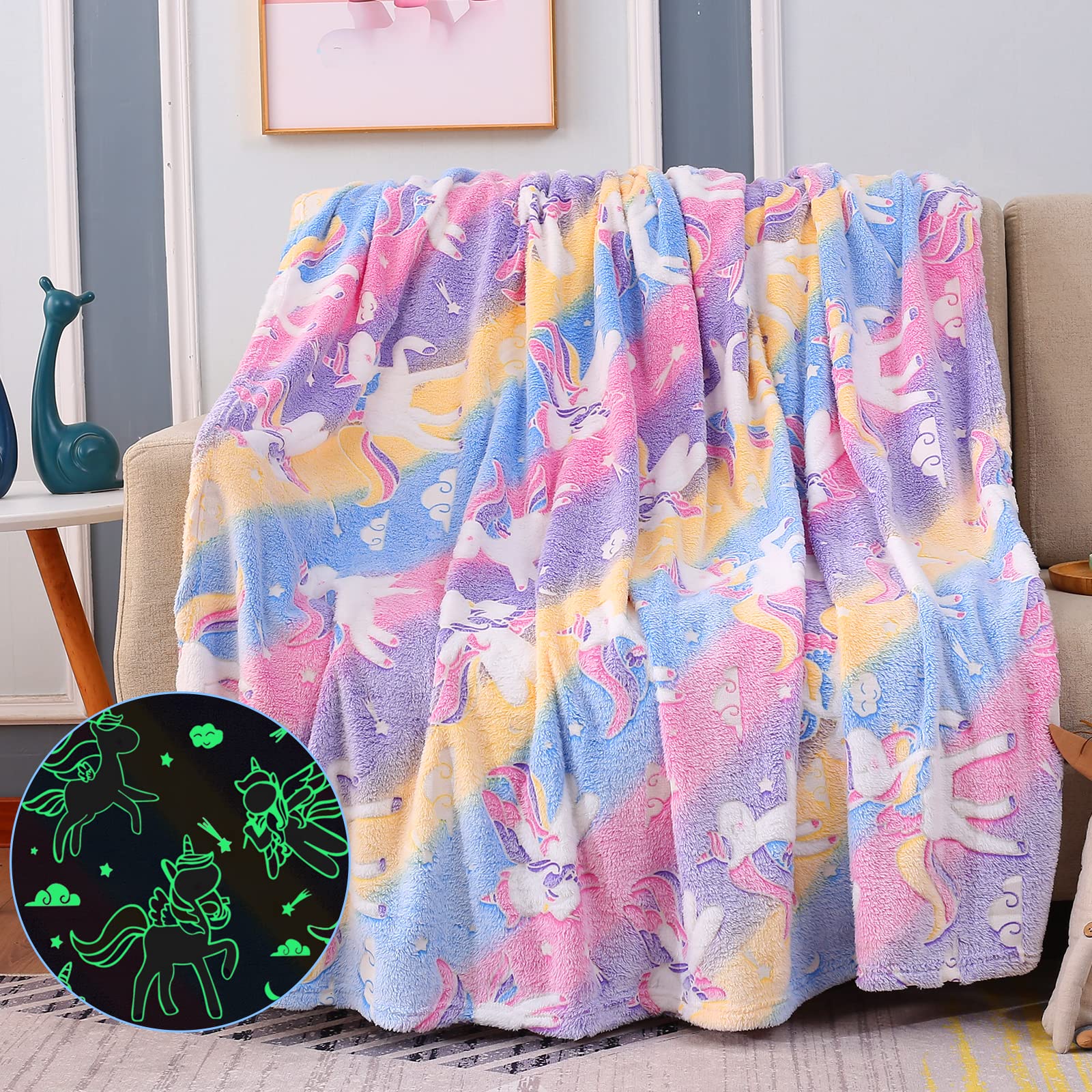 Cloele Glow In The Dark Throw Blanket For Girls - 50 X 60 Unicorns Gift Blanket Soft Cozy Fleece Blanket Toddler Girls Toys - Lu
