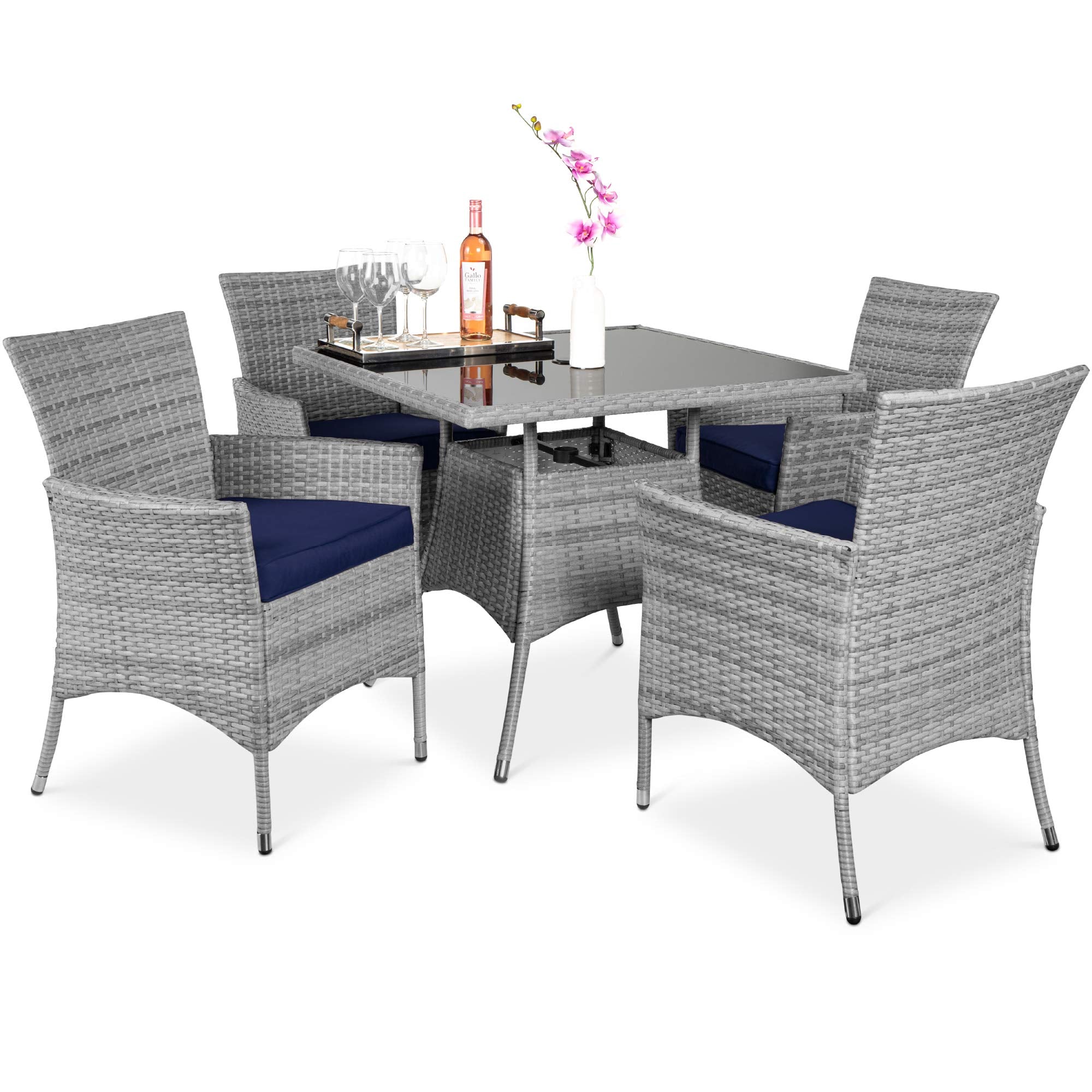 Best Choice Products 5-Piece Indoor Outdoor Wicker Dining Set Furniture For Patio, Backyard W/Square Glass Tabletop, Umbrella Cutout, 4 Chairs - Navy