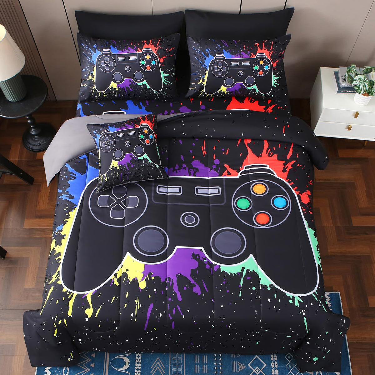 JQinHome Full Gamer Comforter Sets for Boys,8 Piece Bed in A Bag 3D Video Game Bedding -All Season Microfiber Gamer Bedding Sets