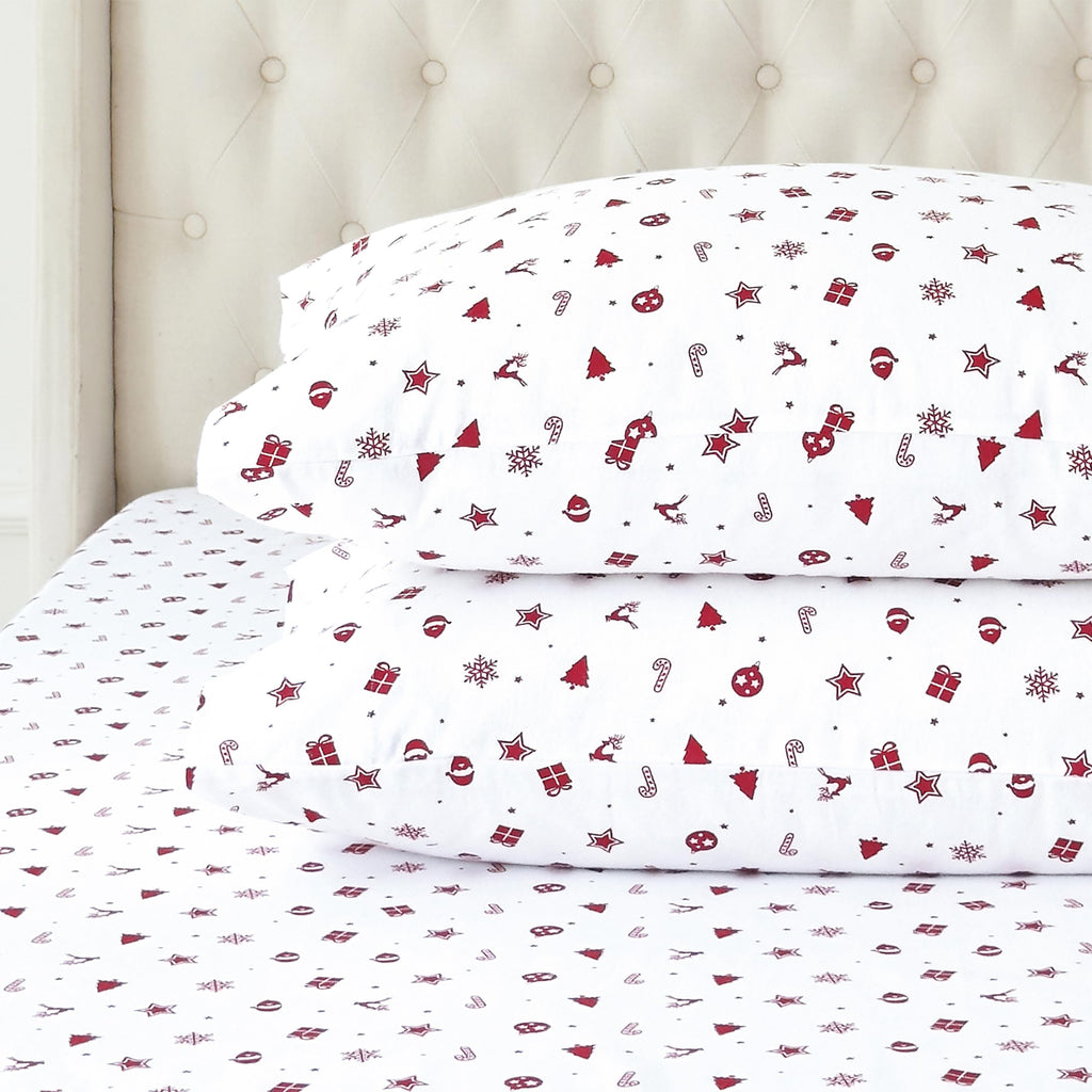 Elegant Comfort Ultra Soft 4-Piece 100% Turkish Cotton Flannel Sheet Set - Holiday Christmas Flannel Sheets, Warm And Cozy Premium Quality, Deep Pocket Fitted Sheet- Twin, Red Stars