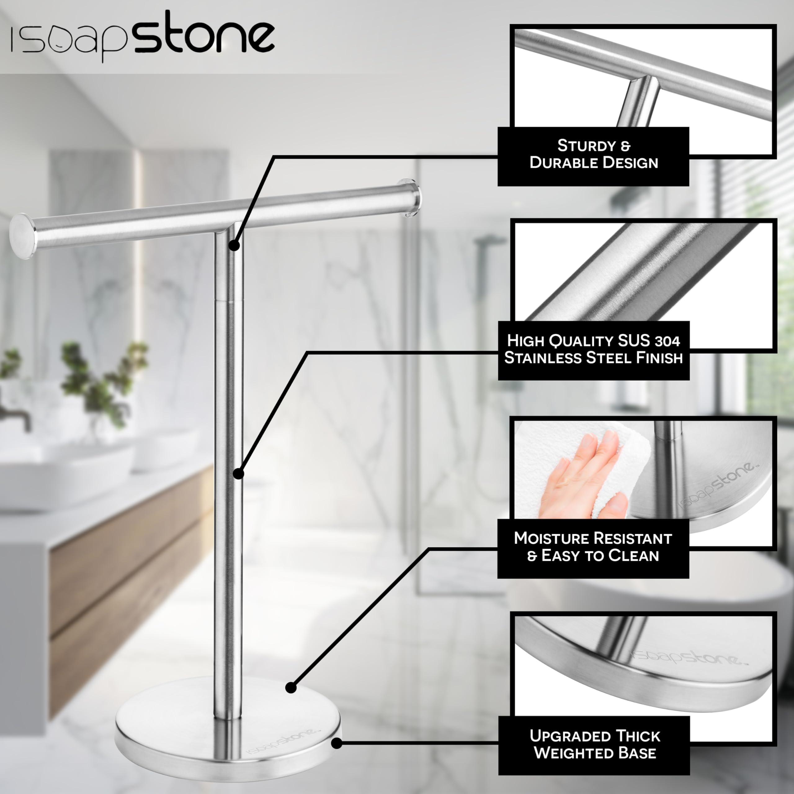 Isoapstone Luxury Hand Towel Holder Stand With Heavy Base, Sus 304 Stainless Steel Towel Rack, T-Shape, Freestanding Towel Stand