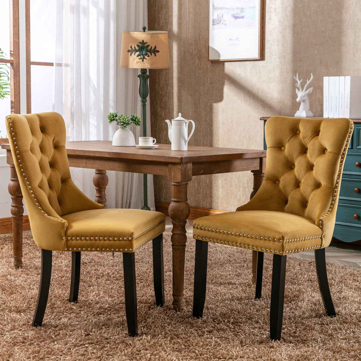 LZ LEISURE ZONE Dining Chairs 2-Pcs Set, High-end Velvet Upholstered Accent Chairs Button Tufted Dining Chairs with Back Ring Pu