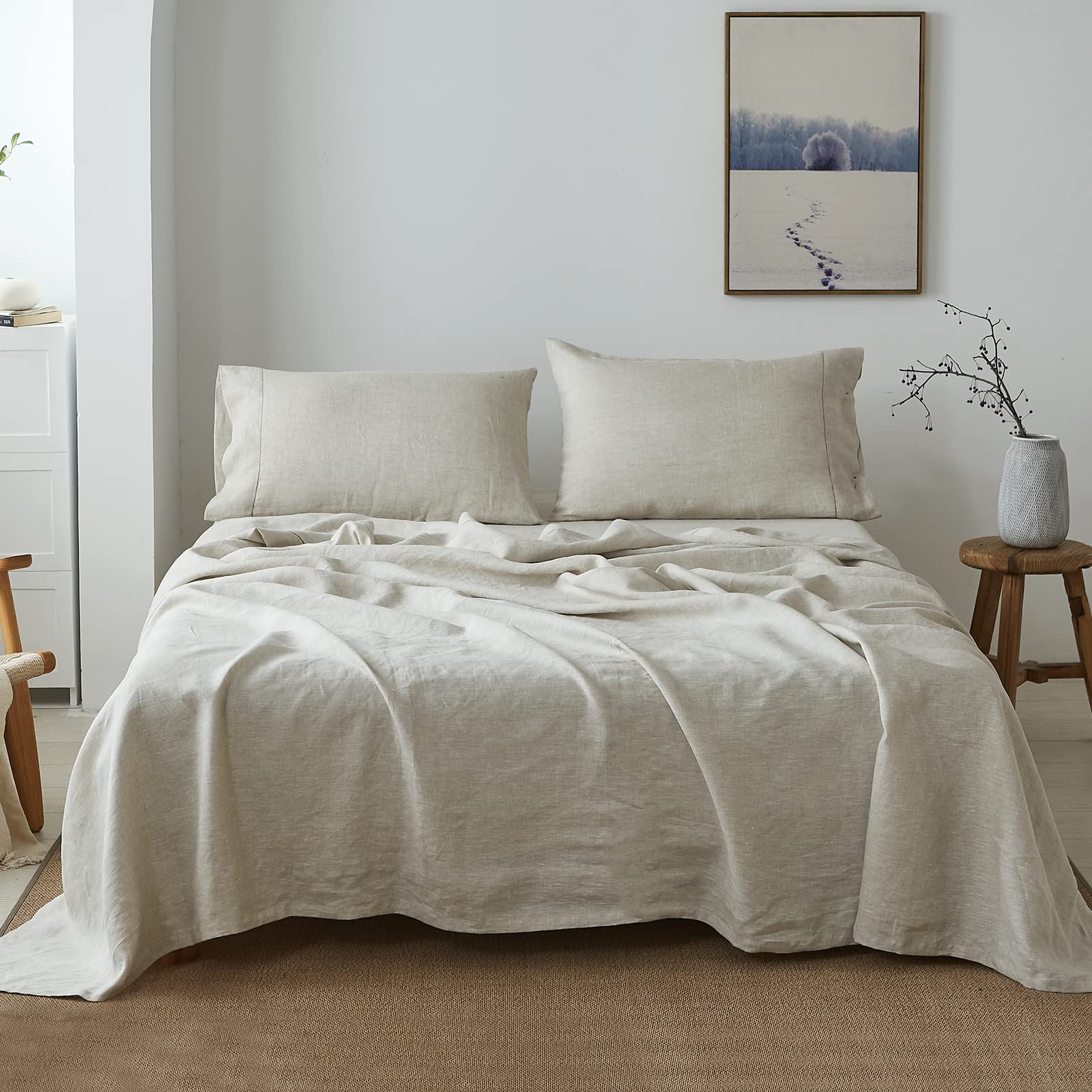Simple&Opulence 100% French Linen Sheet Set Handmade Hemstitch Linen Full Size-4 Piece (1 Flat Sheet 1 Fitted Sheet 2 Pillowcase