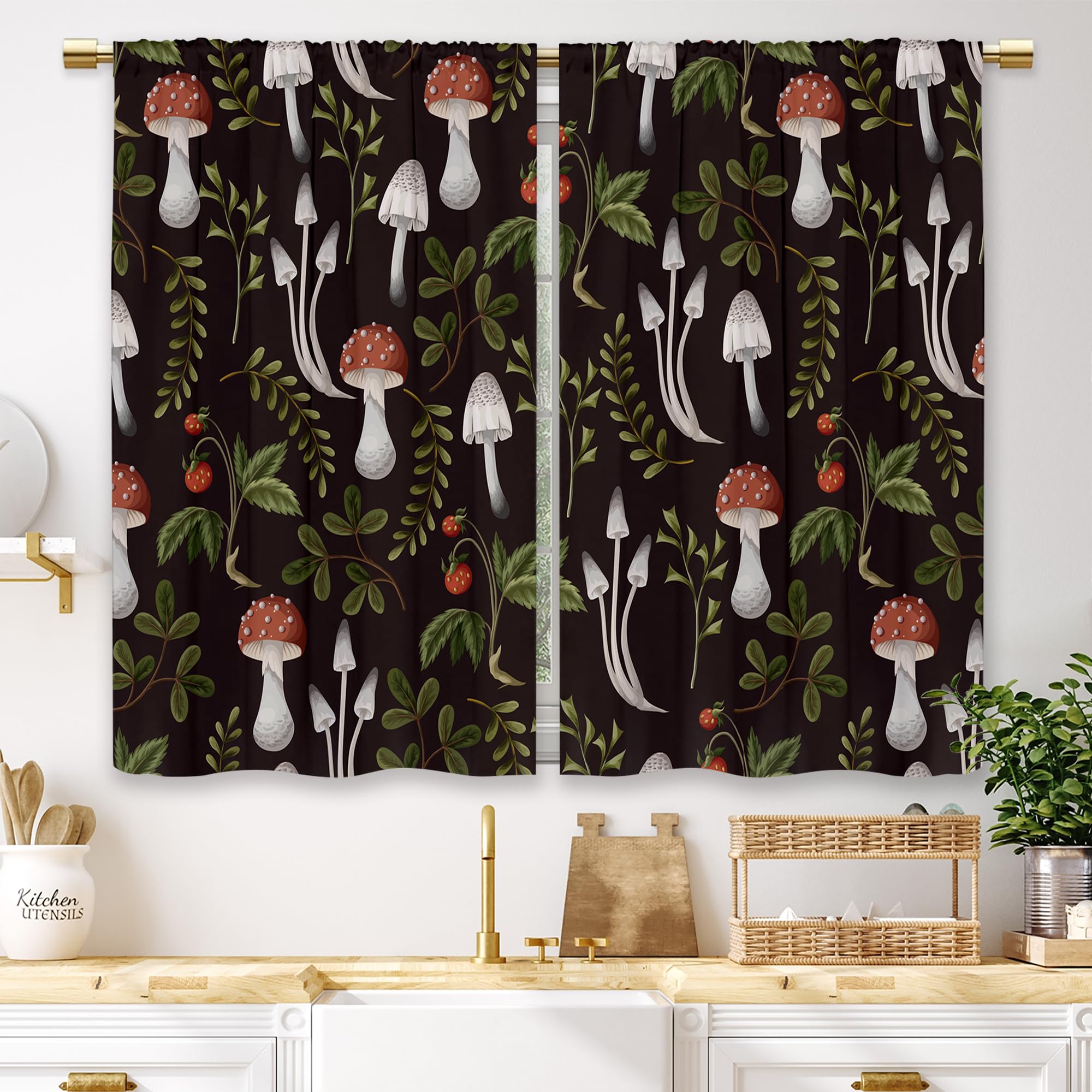 Laifzere Black Mushroom Botanical Kitchen Curtains Mushroom Green Leaves Small Short Cafe Window Curtains Boho Plant Flower Flor