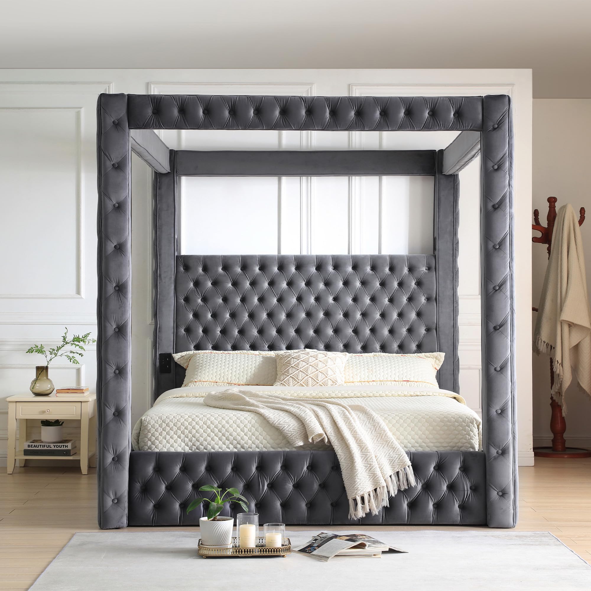 Better Home Products Dream Luxurious Velvet Canopy Bed with Speaker & USB Connection (Gray, King)